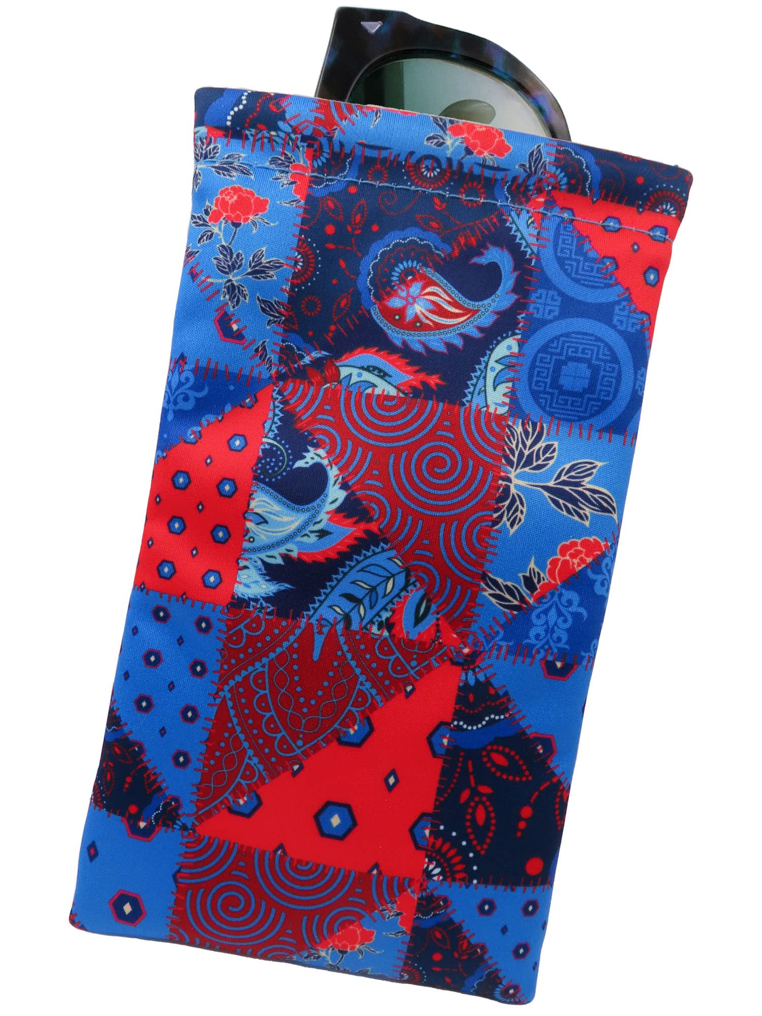 MyEyeglassCaseSoft Sunglass Case - Large Glasses Holder in Microfiber Patchwork Print - XL Squeeze Top Eyeglass Pouch w/Cloth - Passport Holder Smart Phone Case for Men & Women (CT8 Patchwork Red)