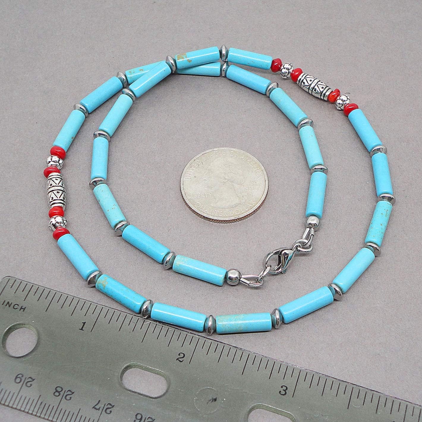 Mami's Gem Studio Blue Magnesite Stone and Red Coral Mens Beaded Necklace - Handcrafted in USA