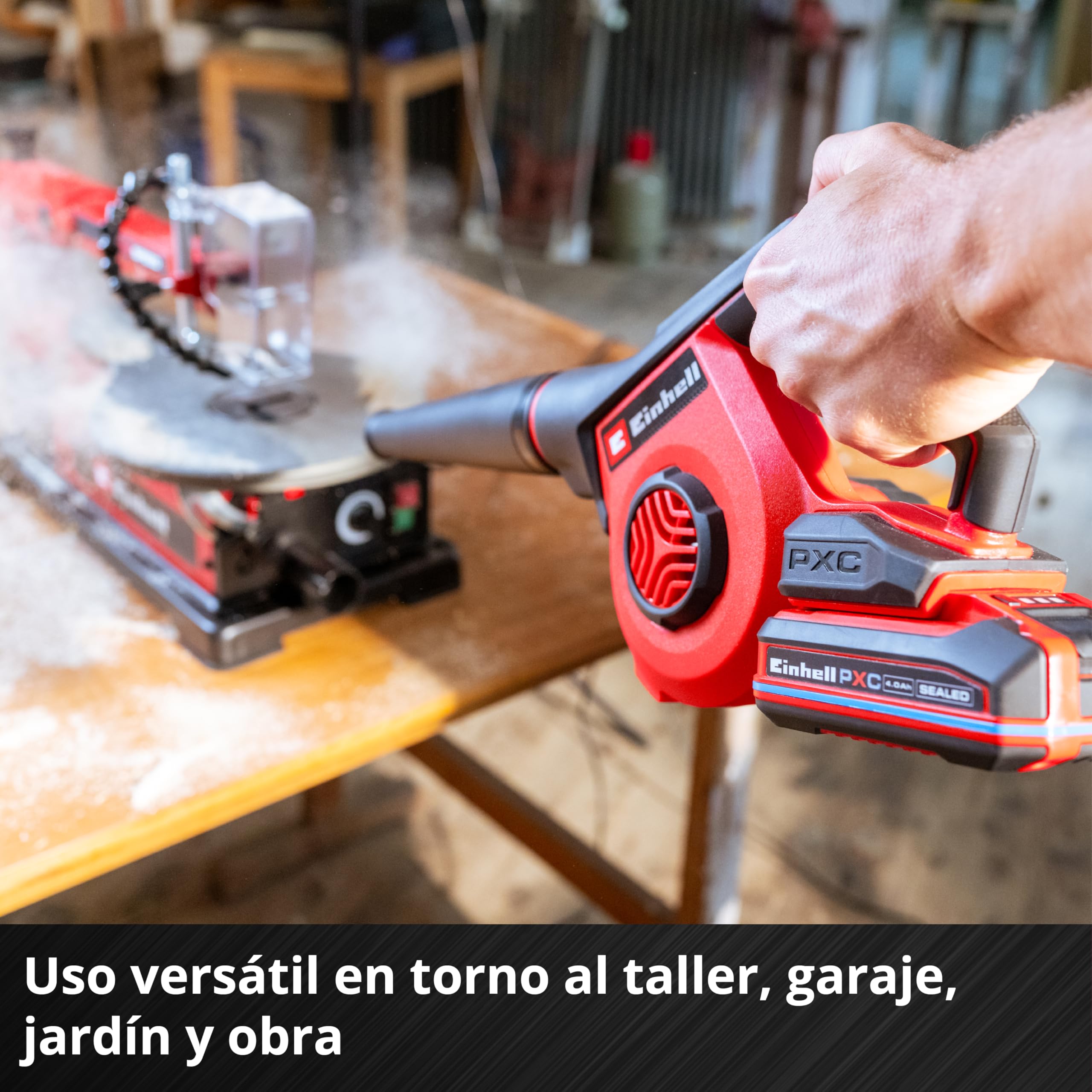 Einhell soplador con batería TE-CB 18/270 Li-Solo Power X-Change (18 V, máx. Velocidad del Aire 270 km/h, 5 Niveles, Incl. prolongación, Boquilla estándar, Plana y para taladros, sin batería)