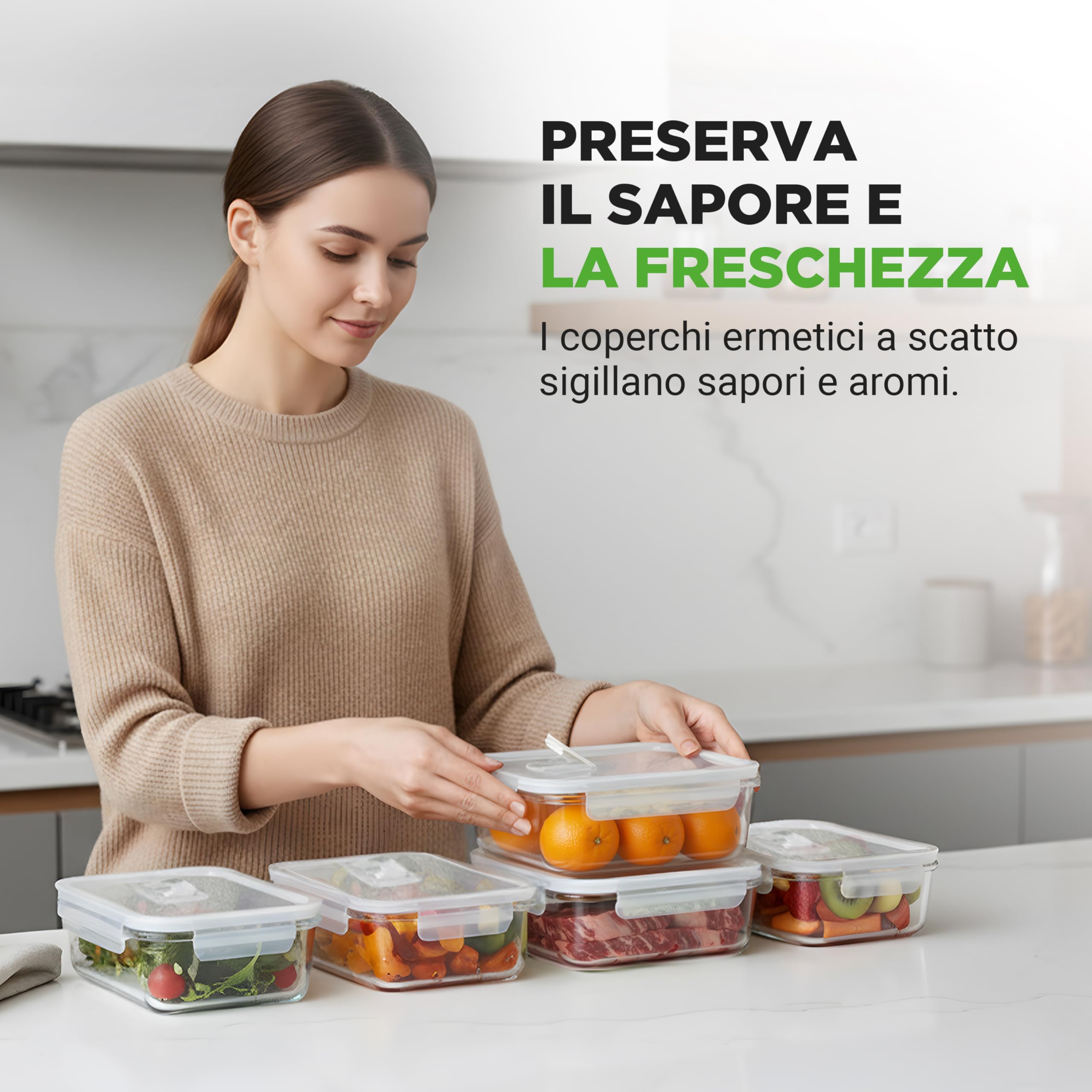 Nutrichef Contenitori Vetro per Alimenti 10 Pezzi (5 Contenitori + 5 Coperchi Ermetici), per Dolci, Verdura, Pomodoro, Frutta, Pasta e Cereali, senza BPA, Resistenti al Freezer/Forno, Verde