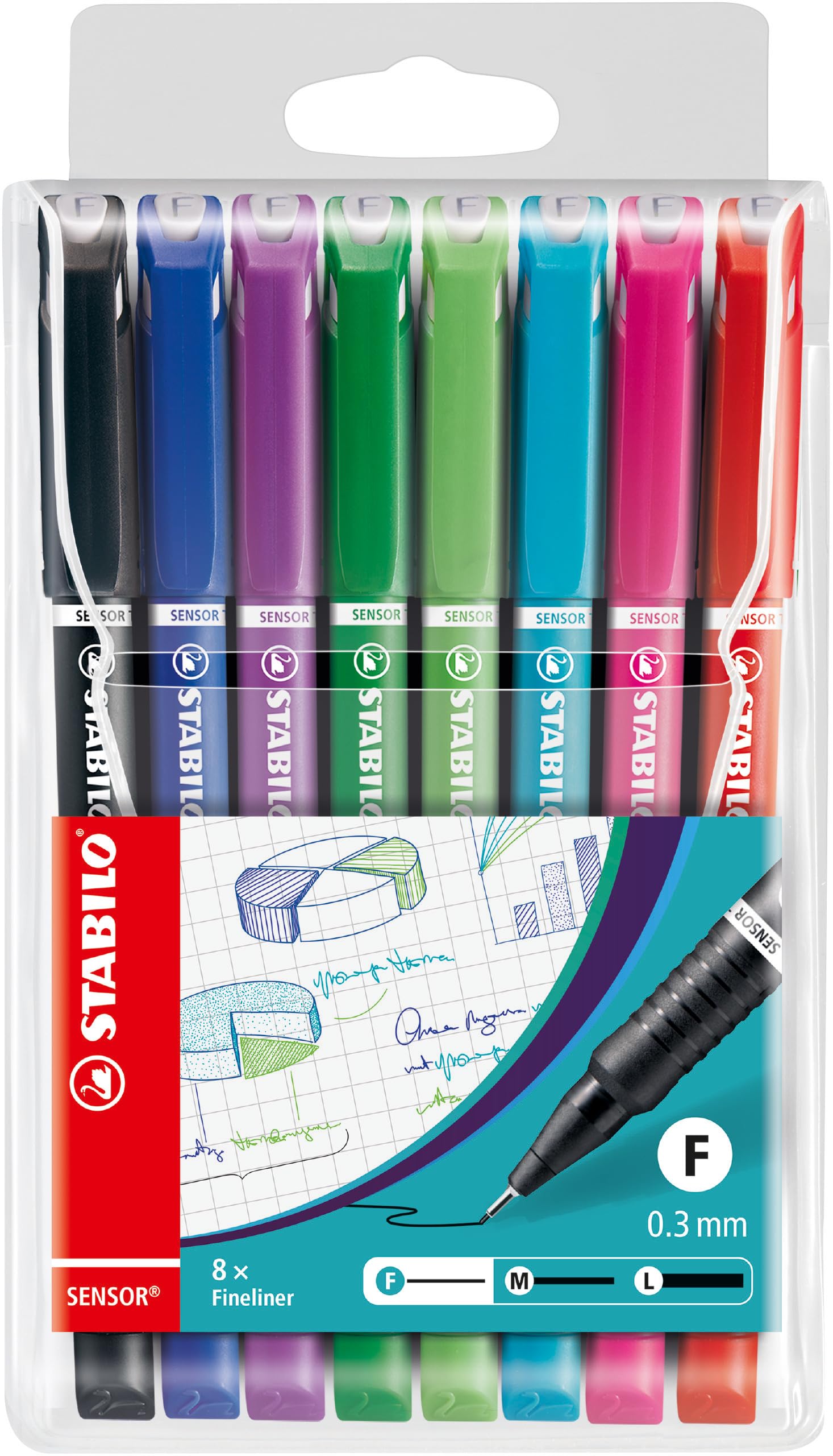 Fineliner with Cushioned F-Tip SENSOR F - Pack of 8, Assorted Colors, .3mm Fine Tip