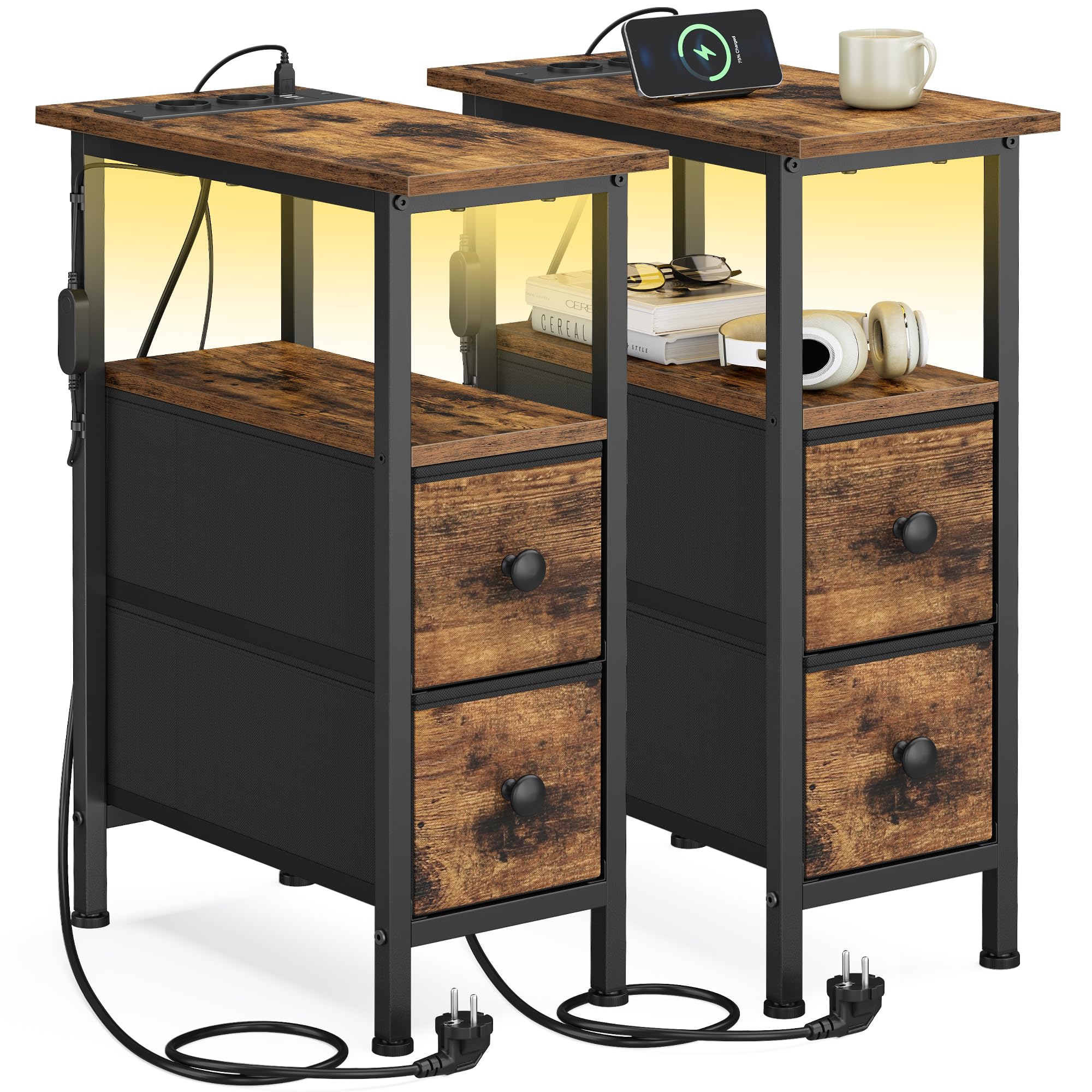 SONGMICS BELLAH Collection - Table d’Appoint, Table de Chevet avec Multiprise Intégrée, Éclairage LED, 2 Tiroirs, Bout de Canapé, Salon, Chambre, Lot de 2, Marron Rustique LGS012K102