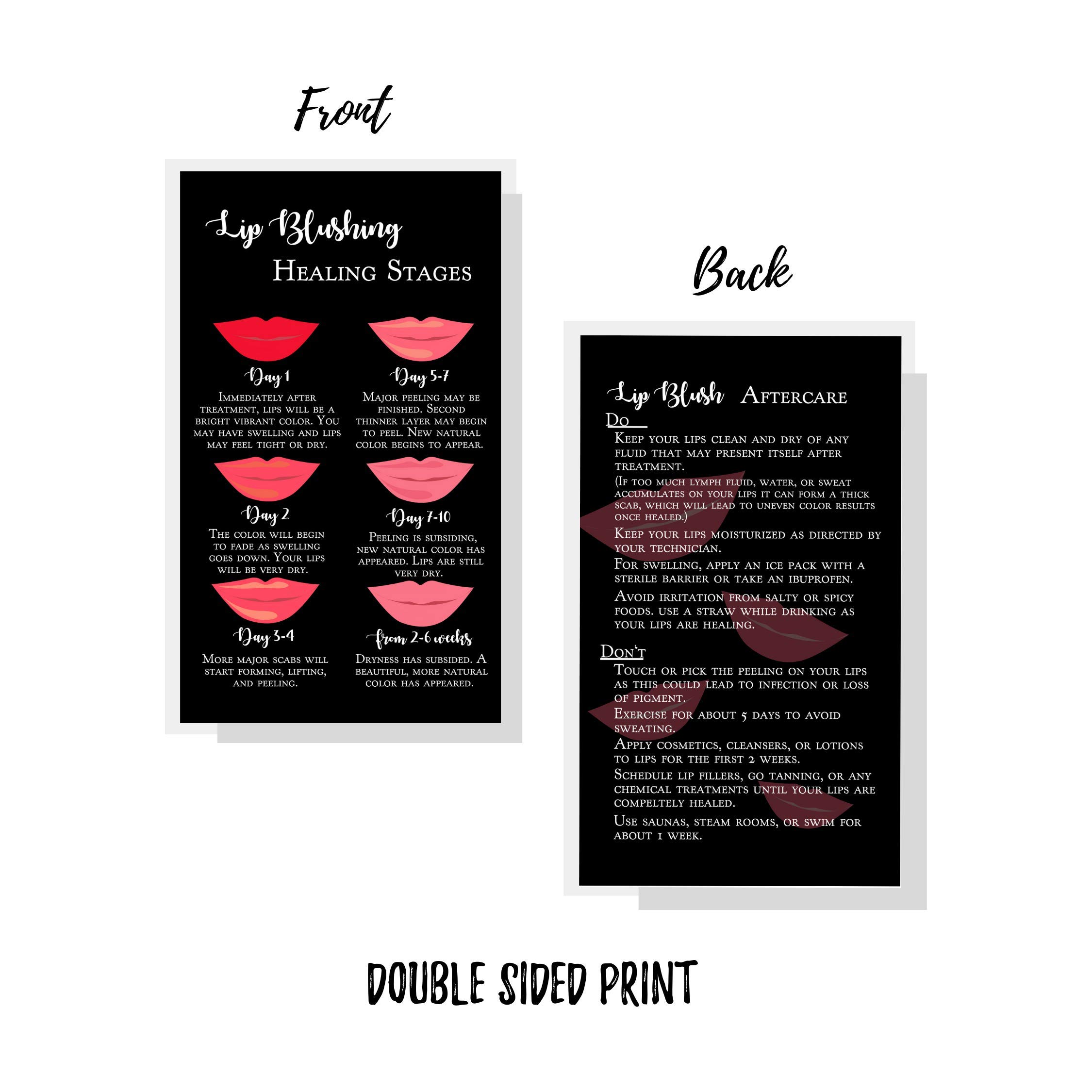 Tarjetas de instrucciones de curación y cuidado posterior del rubor de labios | Paquete de 50 | Tarjeta de visita de doble cara de 2 x 3.5 pulgadas | Negro con diseño de labios rojos