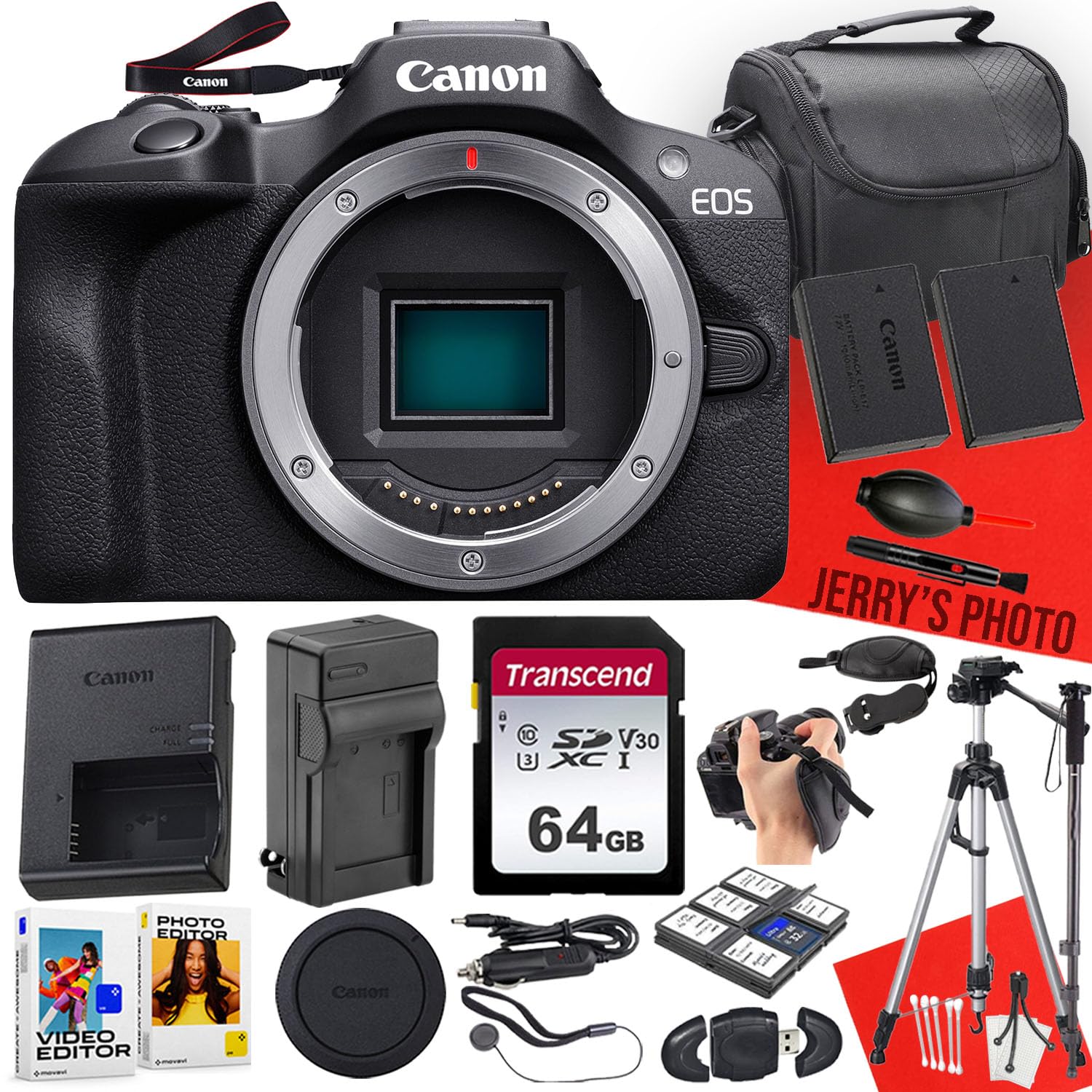 Canon EOS R100 Mirrorless Camera (Body Only) + 64 GB Memory + Tripod + Monopod + Extra Battery + More (20pc Bundle) (Renewed)