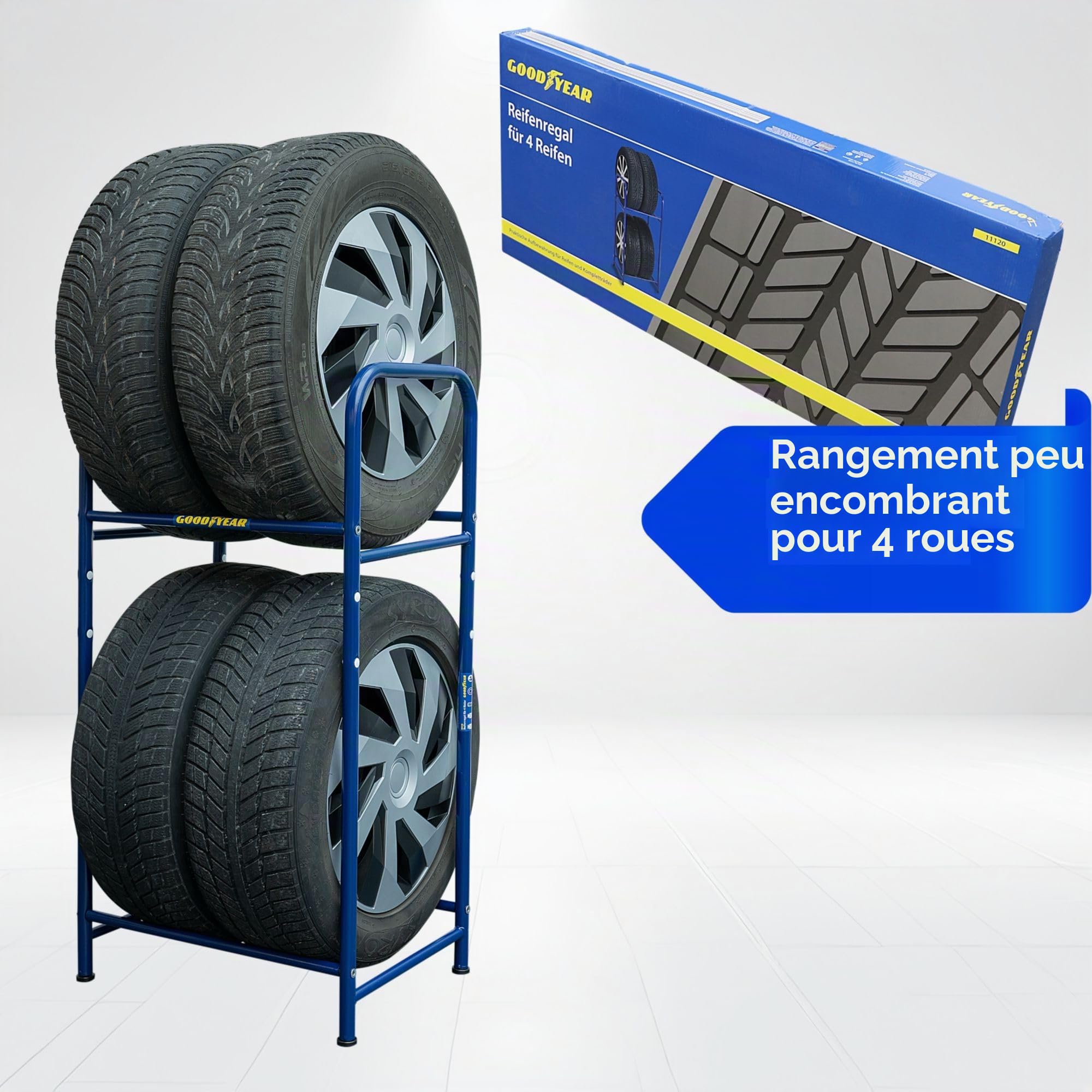 Goodyear Étagère pour 4 pneus, gain de place, hauteur réglable, 2 niveaux, capacité de charge jusqu'à 120 kg, bleu