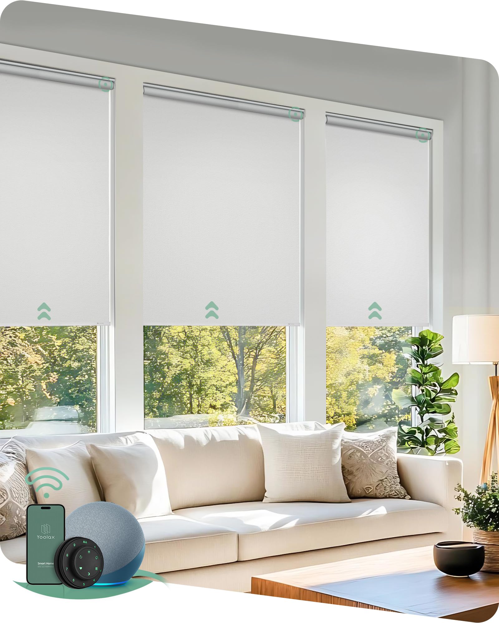 Yoolax Motorized Blinds with Remote, Blackout Smart Blinds for Windows Motorized Roller Shades, Automatic Window Shades Work with Alexa for Bedroom Living Room, Custom Size (Fabric White)