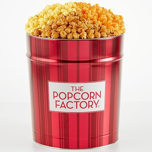 The Popcorn Factory Lata de regalo para palomitas de maíz, retro, 3.5 galones (Cheddar robusto, mantequilla, caramelo)