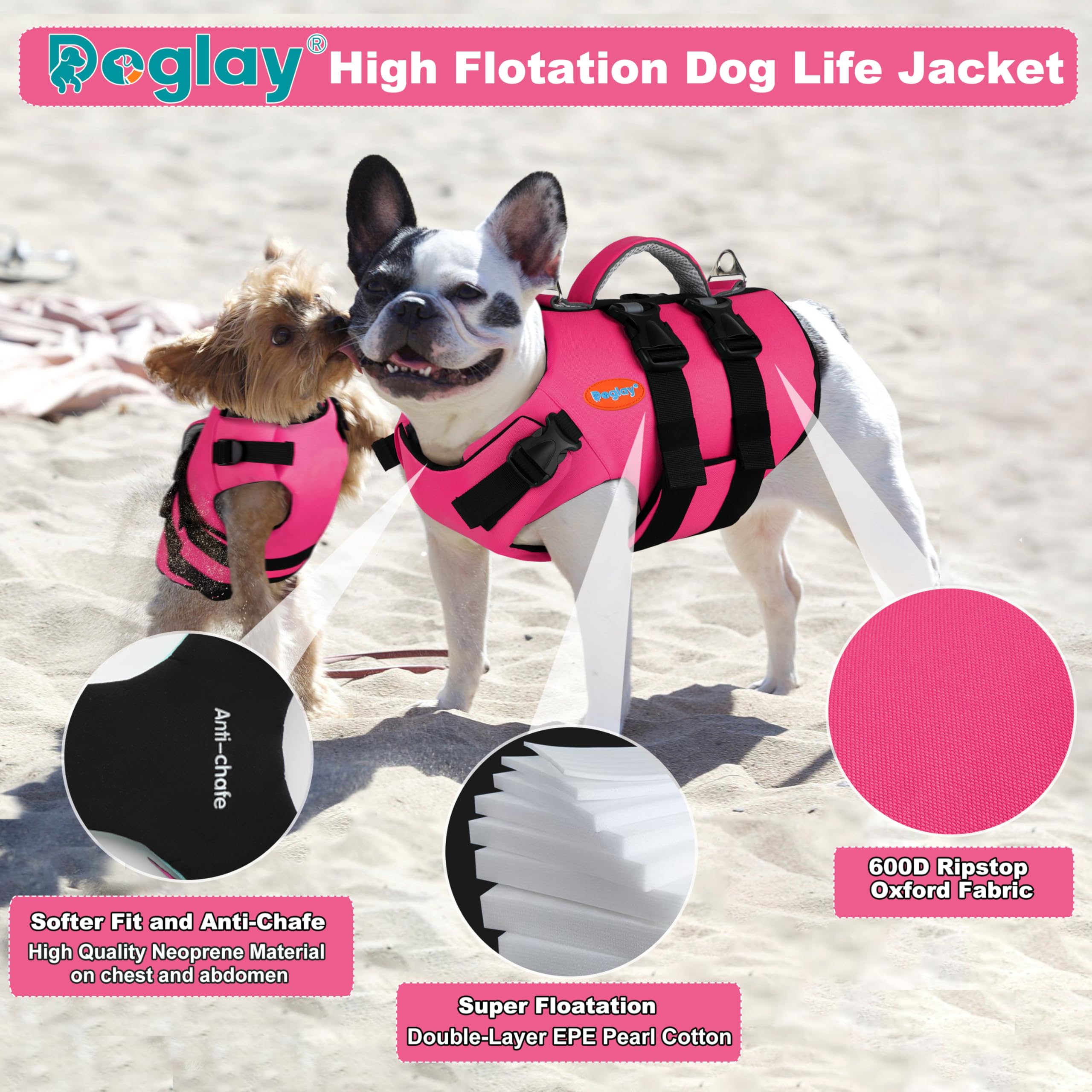 Doglay - Gilet de sauvetage pour chien avec bandes réfléchissantes, gilet de sauvetage réglable à haute flottaison avec poignée de sauvetage pour grands chiens