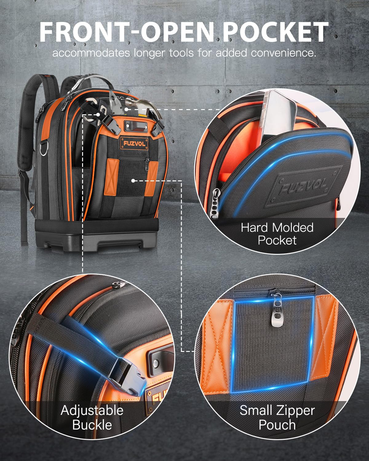 Sac à dos à outils robuste pour homme avec organiseur d'outils amovible et compartiment pour ordinateur portable - Orange