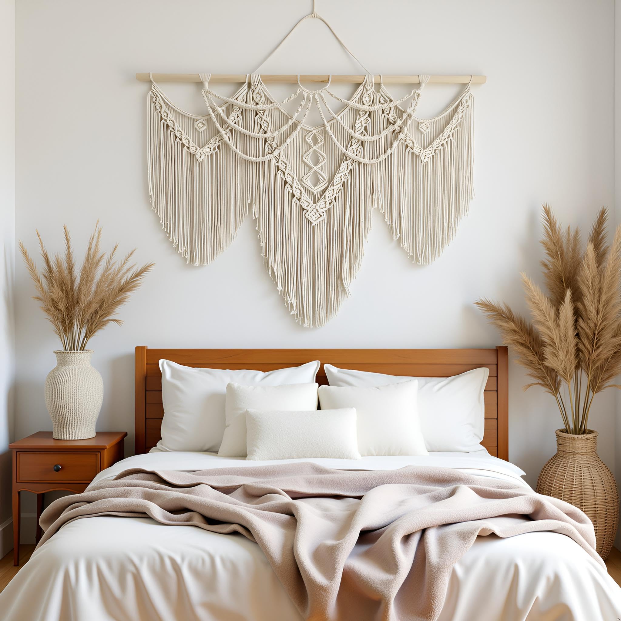 Großer Makramee-Wandbehang – Boho-Wandteppich, Makramee-Wanddekoration, Kunst, schick, böhmische Handarbeit, gewebter Wandteppich, Wohnung, Hochzeitsfeier – 109.2x81.3 cm (Beige-Fransen)