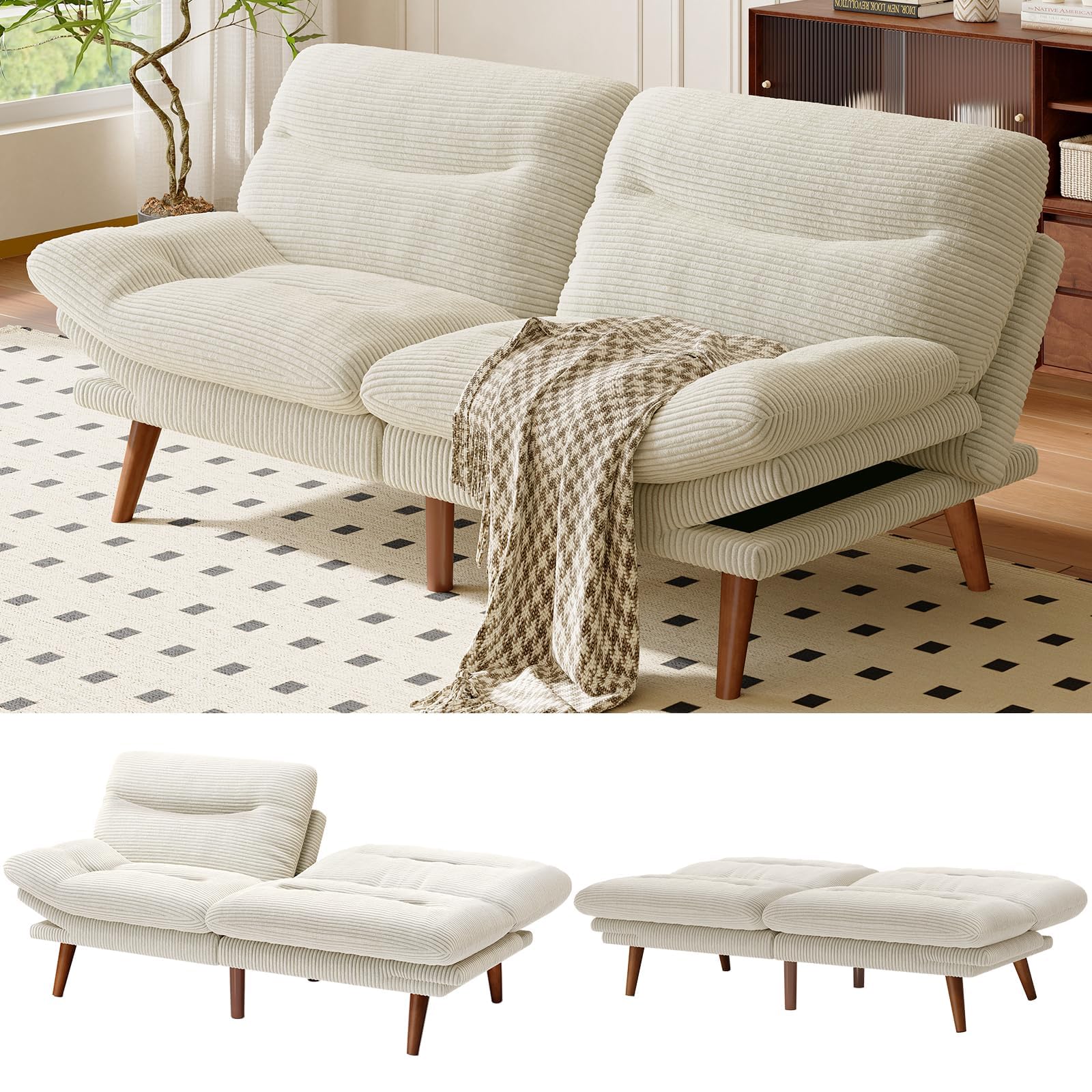 AMADA HOMEFURNISHING Futon Sofa Bed with Adjustable Backrest & Armrests, Convertible Futon Sofa Couch for Small Spaces, Living Room or Office, Corduroy Futons Sofas Bed(White)