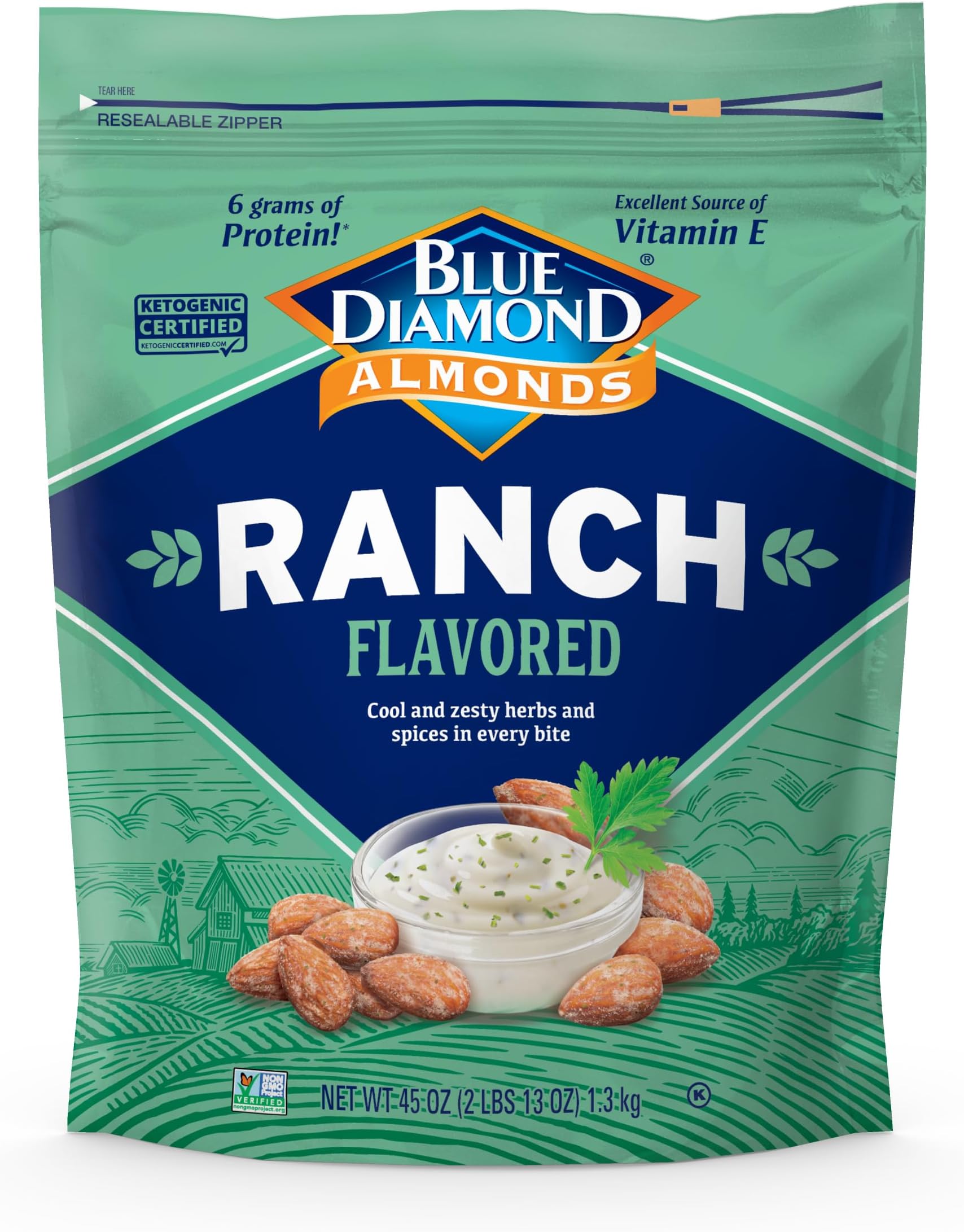 Blue Diamond Almonds, Ranch Flavored Value Bag Snack Nuts Perfect for Bulk Pantry Staples and Keto Friendly Snacking 45 Oz Resealable Bag (Pack of 1)