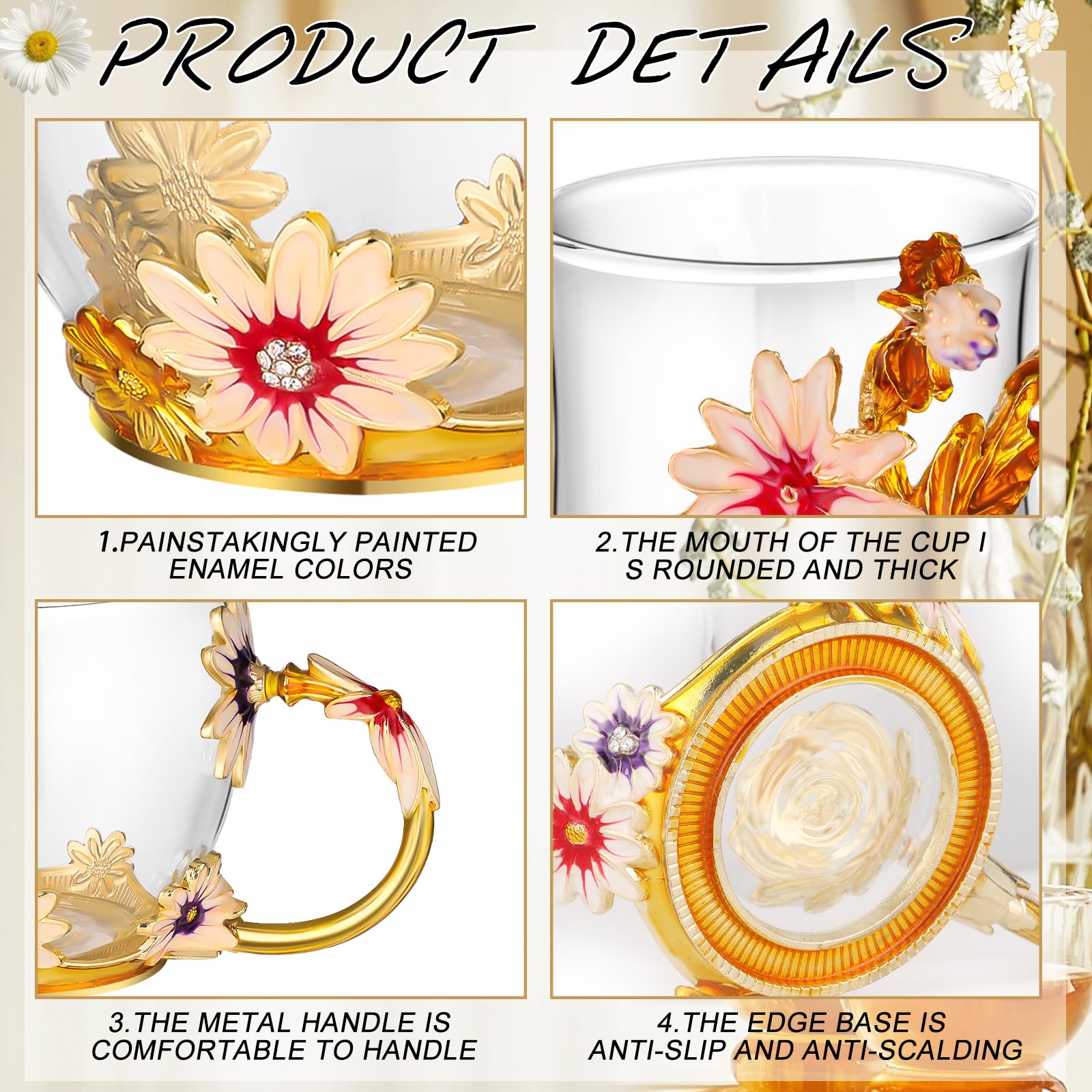 7-teiliges Teeset mit Blumenmotiv für Frauen, Vintage-Blumen-Teekannen-Set mit Geschenk-Box, Glas-Teekessel-Set, Glas-Teekanne, ausgefallene Teetasse, Blumen-Glastasse mit Untersetzern für