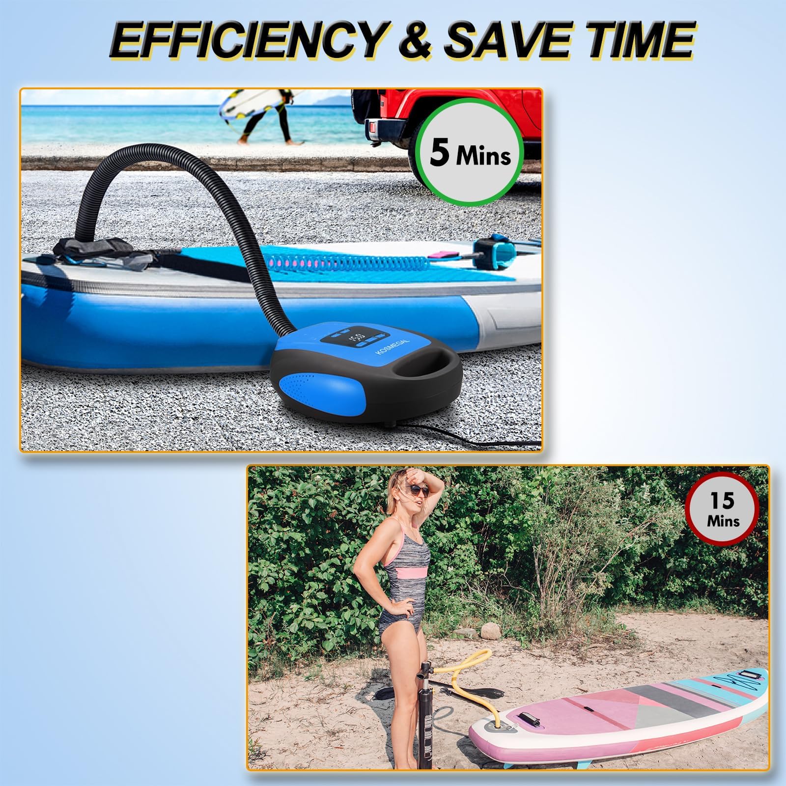 kosmegal Pompe à pagaie électrique portable, pompe SUP pour planche à pagaie, compresseur d'air 20 PSI avec arrêt automatique, fonction de dégonflage et connecteur de voiture 12 V CC pour gonflables