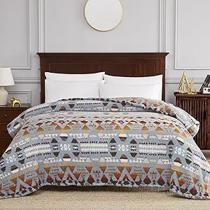 CASAAGUSTO Boho Sherpa Throw Blanket, Aztec King Size Blanket, Ultra Soft, Warm, Cozy, Plush, Thick Fleece Bohemian Throw Blanket for Couch, Bed, Sofa (Blue Grey 108 * 90 Inch)