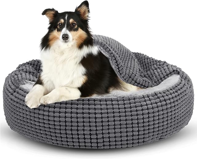 JOEJOY Round Dog Bed Calming Donut Cuddler Pet Bed for Large Medium Small Dogs, Warm Puppy Hooded Dog Cave Bed Cat Bed Medium Washable with Breathable Fluff, 31IN