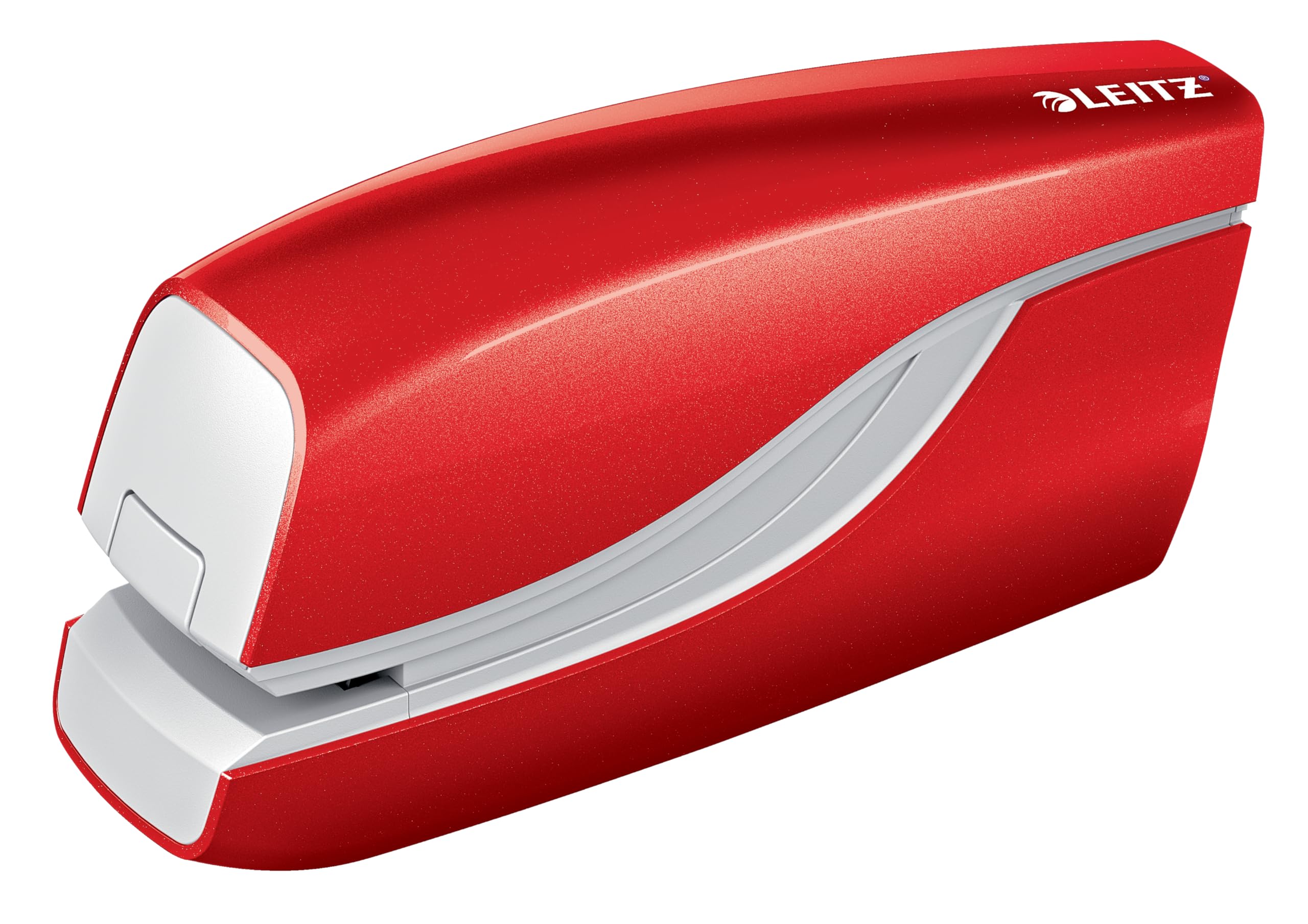Leitz WOW Grapadora Eléctrica, Hasta 10 Hojas a la Vez, Funciona con Pilas, Rojo Metálico, Incluye 1000 Grapas E1, 55661026