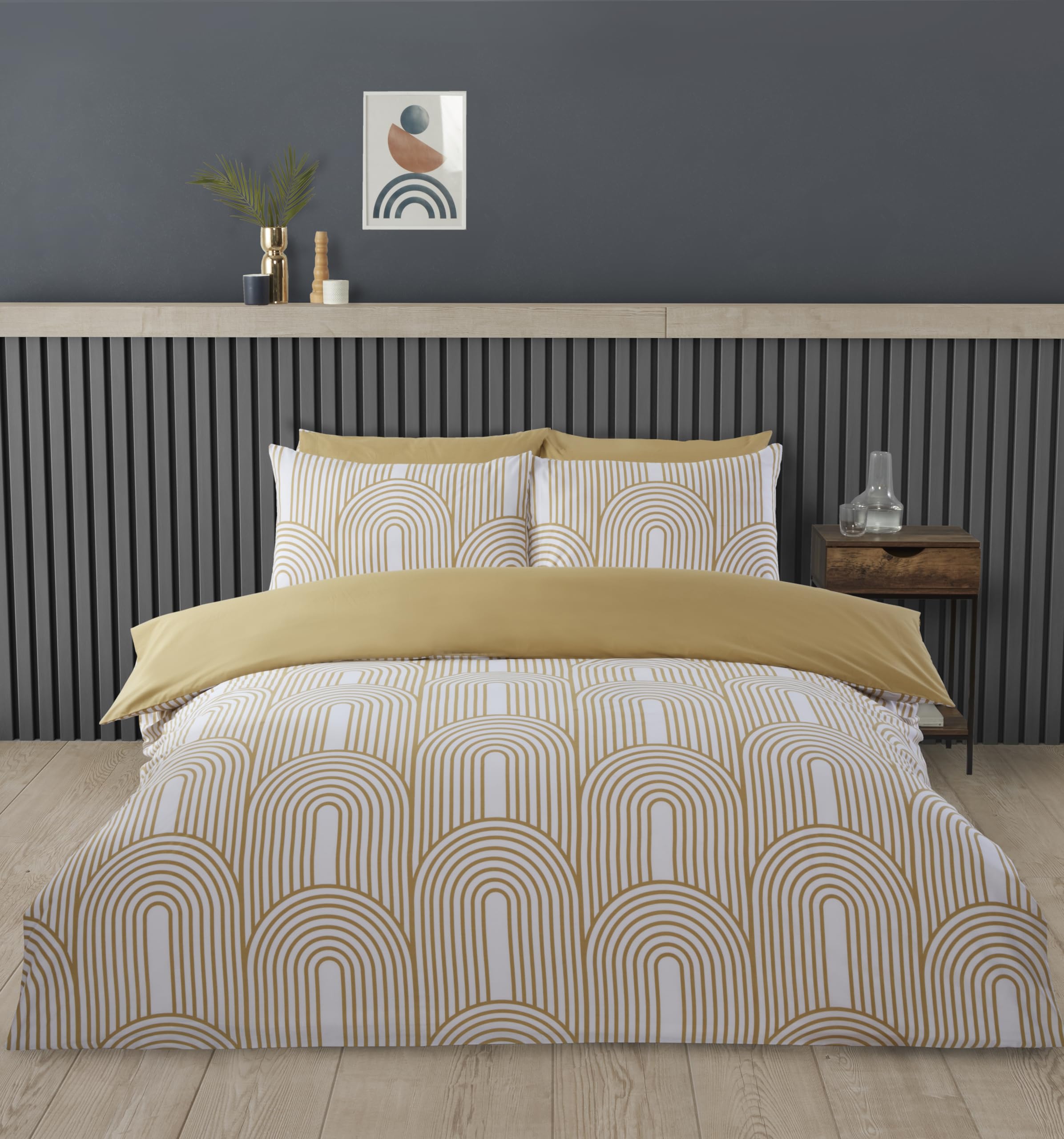 B&Q -   Geometric Arches Ochre Duvet Cover Set Double Bedding Set
