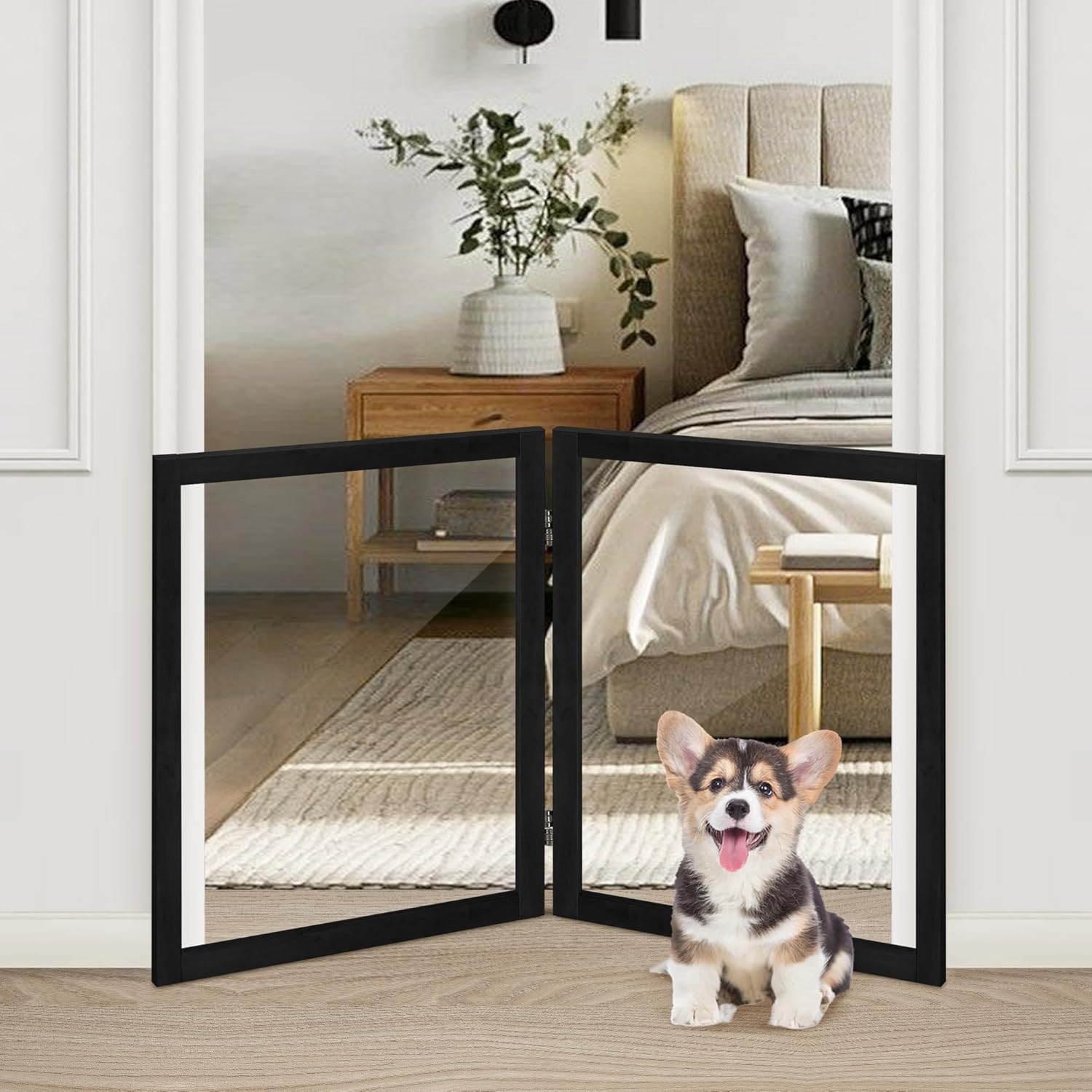 LZRS Clear Dog Gate for Indoor Use - Transparent Pet Fence with Solid Hardwood and Plastic Board, Stylish & Durable freestanding Pet Gate for Doorways, Stairs and Hallways-2panel Black 24"Height-2 Panel Black