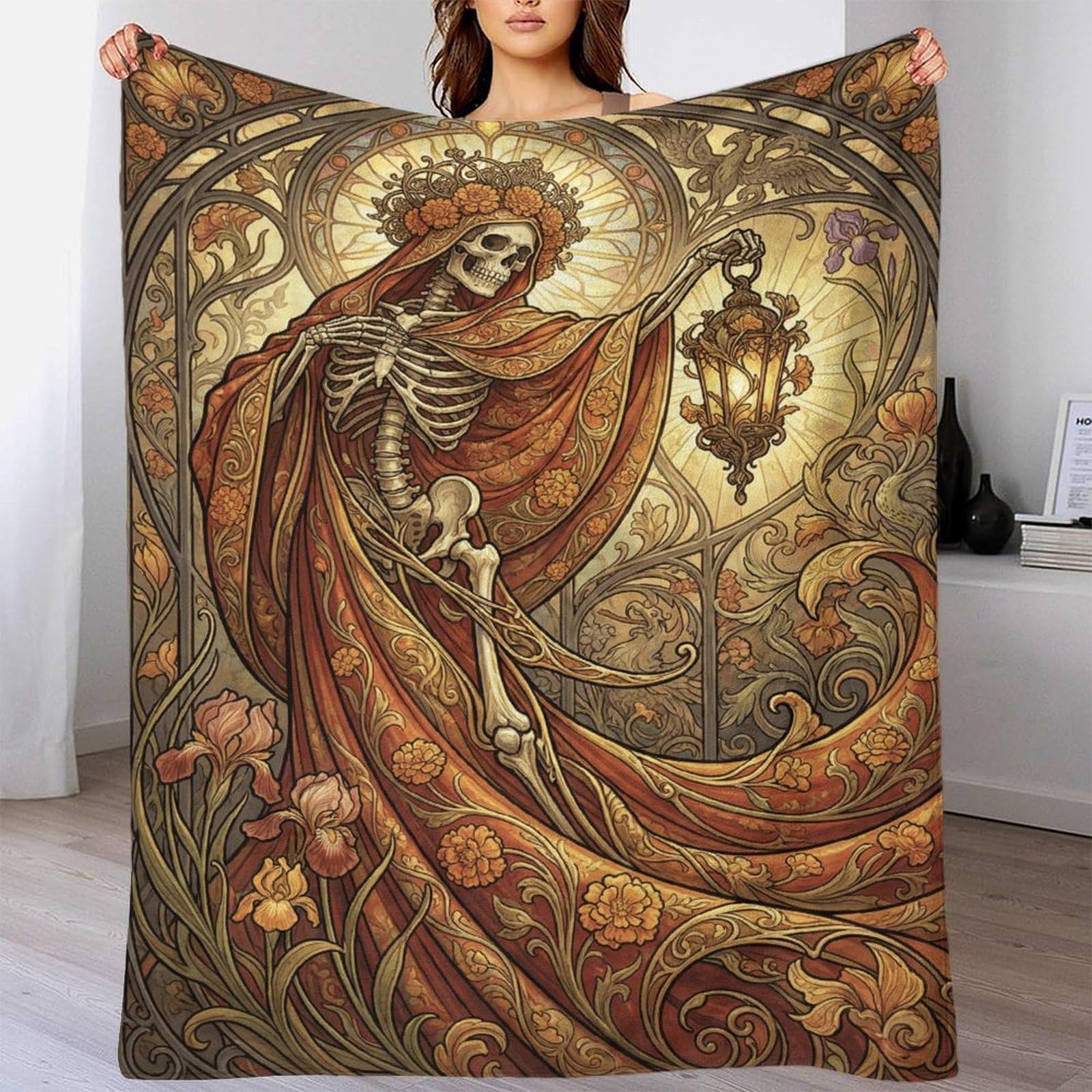 H3B8U2Y5 Art Nouveau Mucha Skull for Flannel Throw Blanket, Bedroom Nap Use