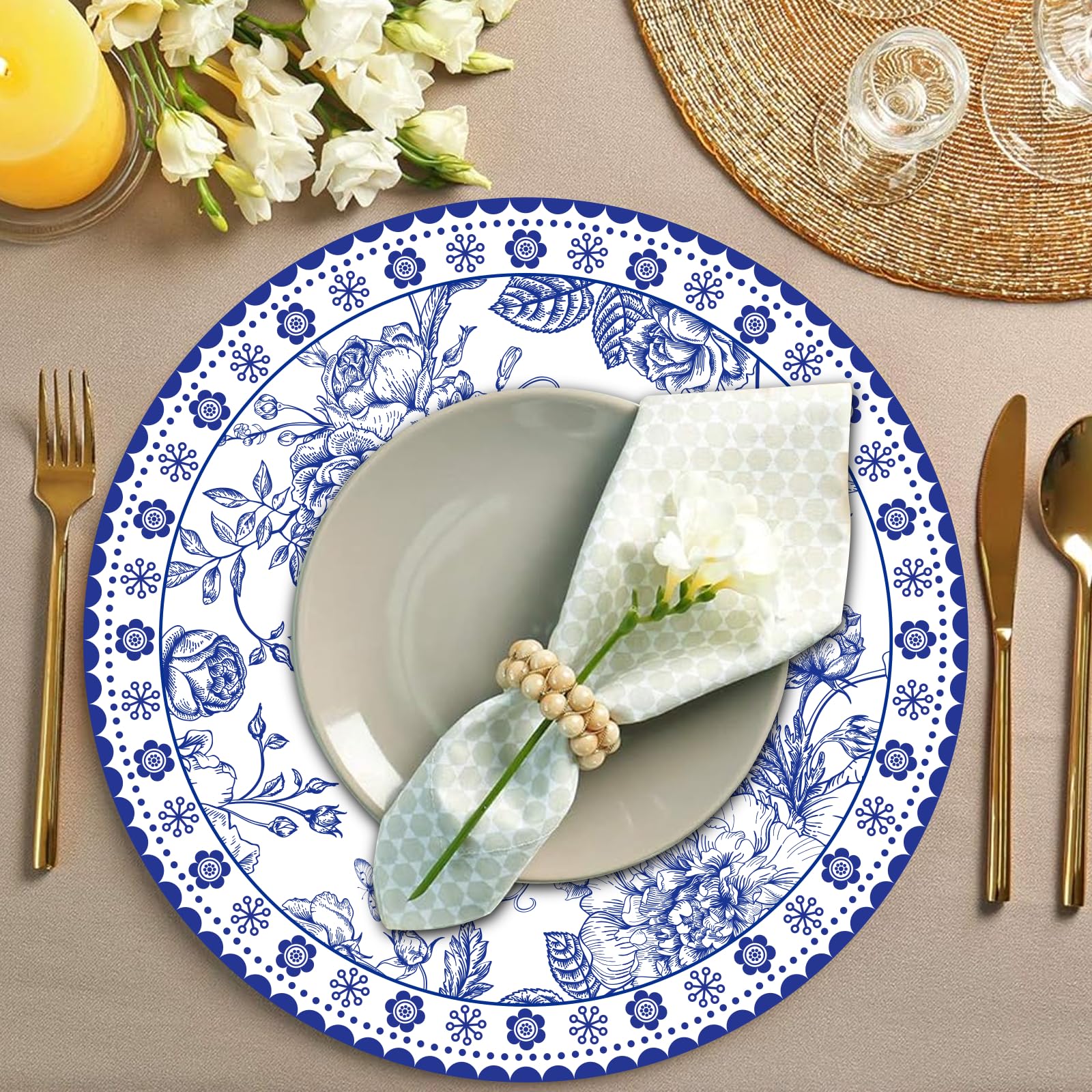50 manteles individuales de papel floral azul de 14 pulgadas, manteles individuales redondos de flores desechables para mesa de comedor, banquete y suministros de fiesta