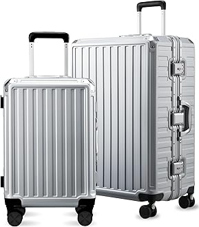 Luggage Sets with Spinner Wheels, 8010S Aluminum Frame Zipperless Polycarbonate Hard Shell Suitcase Sets (ZX-Core, Silver, 2 Piece (20/28))