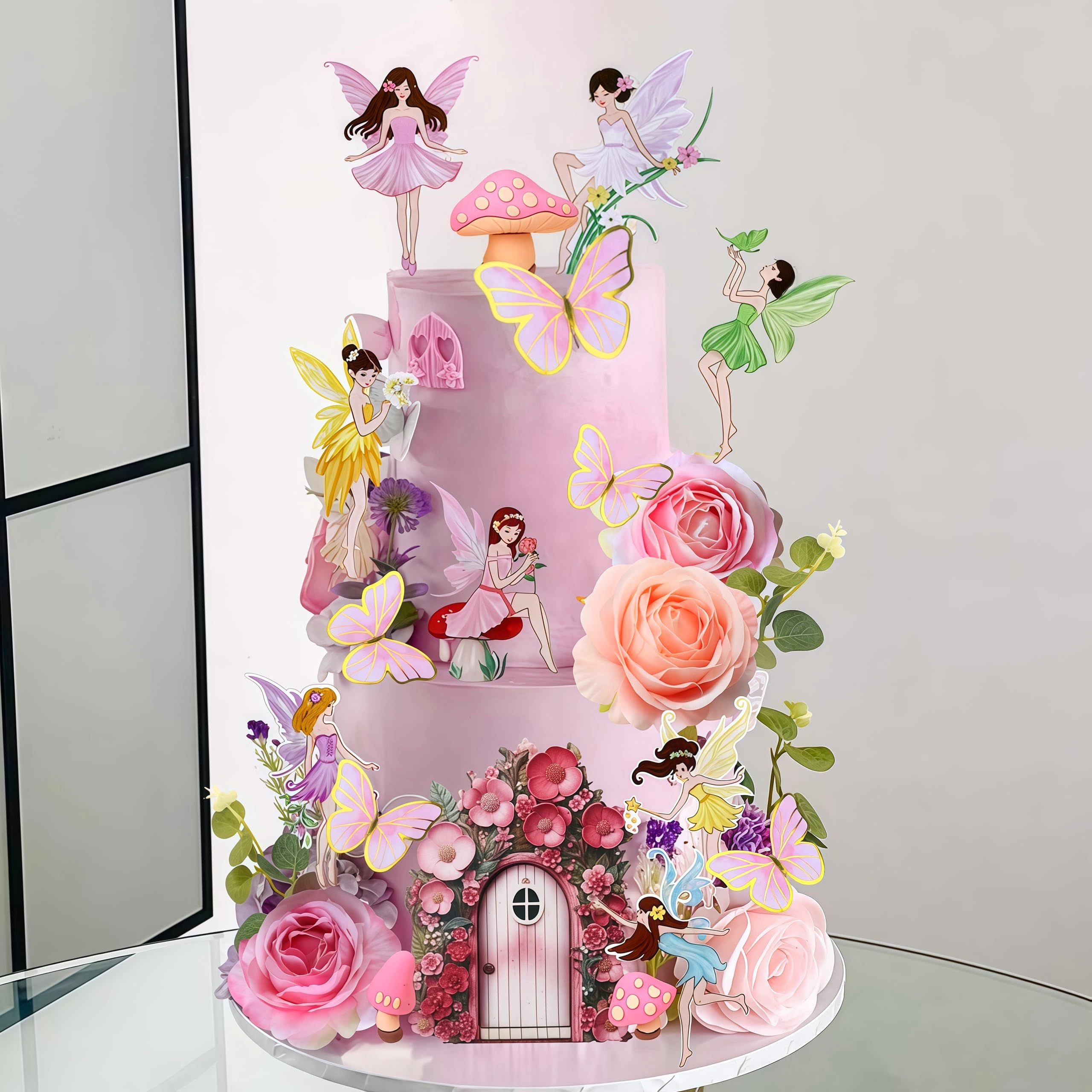 31PCS Fairy Garden Cake Toppers Set - Pink Mushroom House, Butterflies, Fairies For Birthday, Baby Shower Decor - View #7