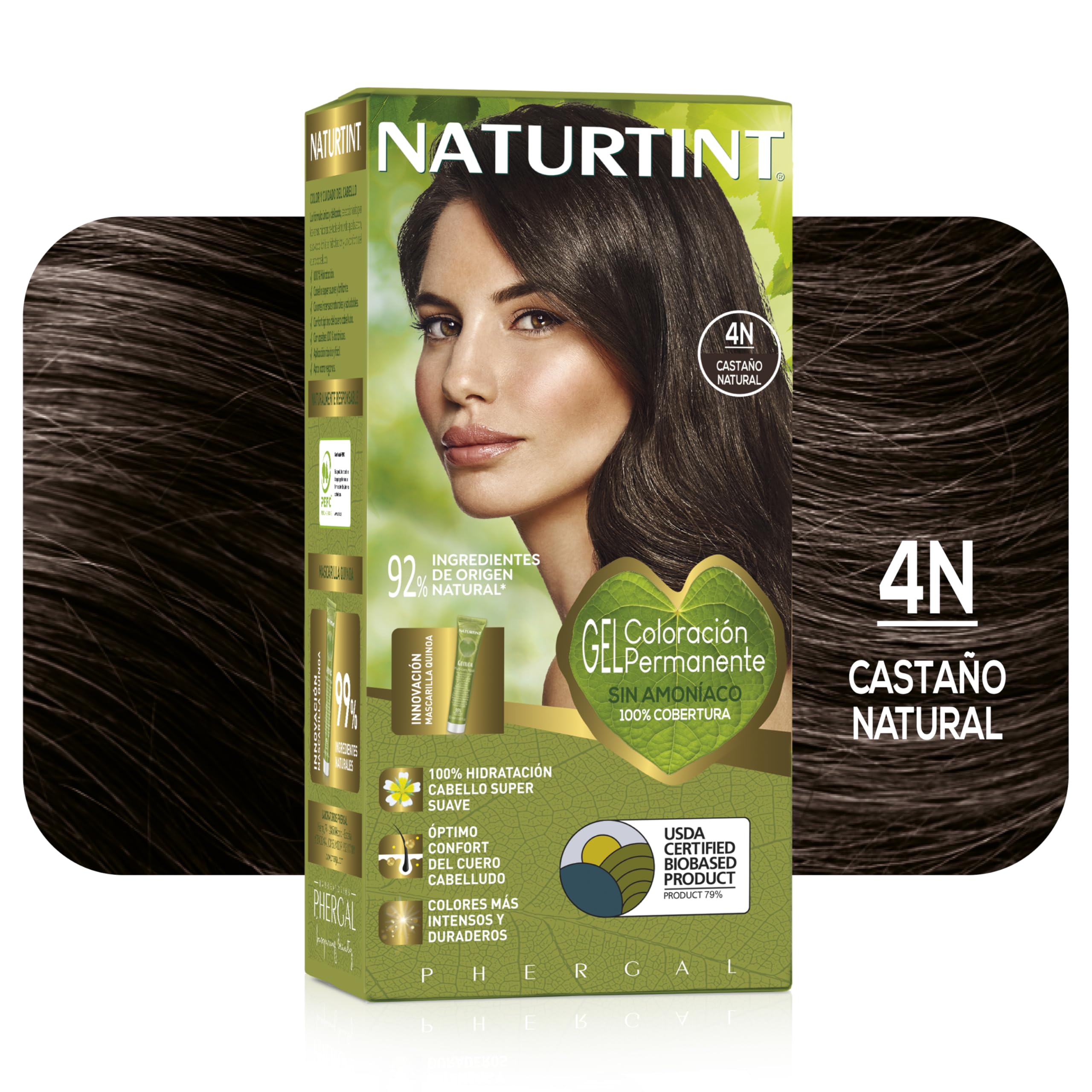 NATURTINT Biobased, Coloración Permanente Sin Amoniaco, 100% Cobertura de Canas, Tinte para el Cabello con Ingredientes Naturales, Intenso y Duradero, 4N Castaño Natural, 170ml