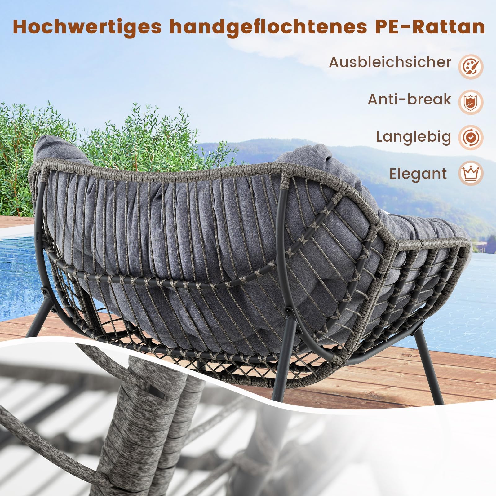 FANTASK übergroße Eiersessel, Terrassen-Schaukelstuhl mit dickem & abnehmbarem Kissen, Schaukelstuhl für drinnen & draußen, Grau