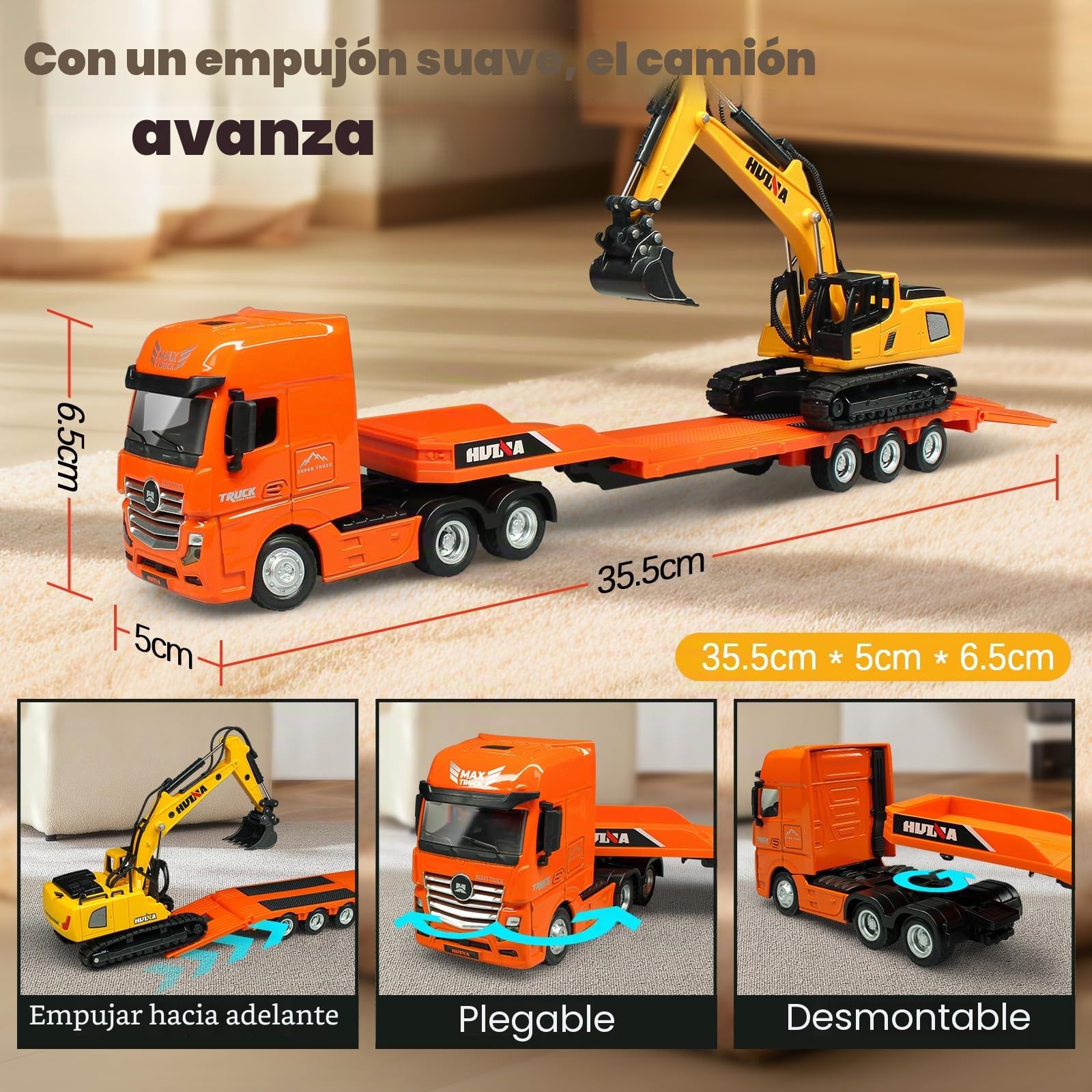 HUGMIE 1:50 Camiones de Juguete para niños,Vehículos de construcción con Excavadora para niños,Camión de Remolque y Excavadora Juguete a Partir de 8 años,Camión 35,5 x 5 x 6,5 cm