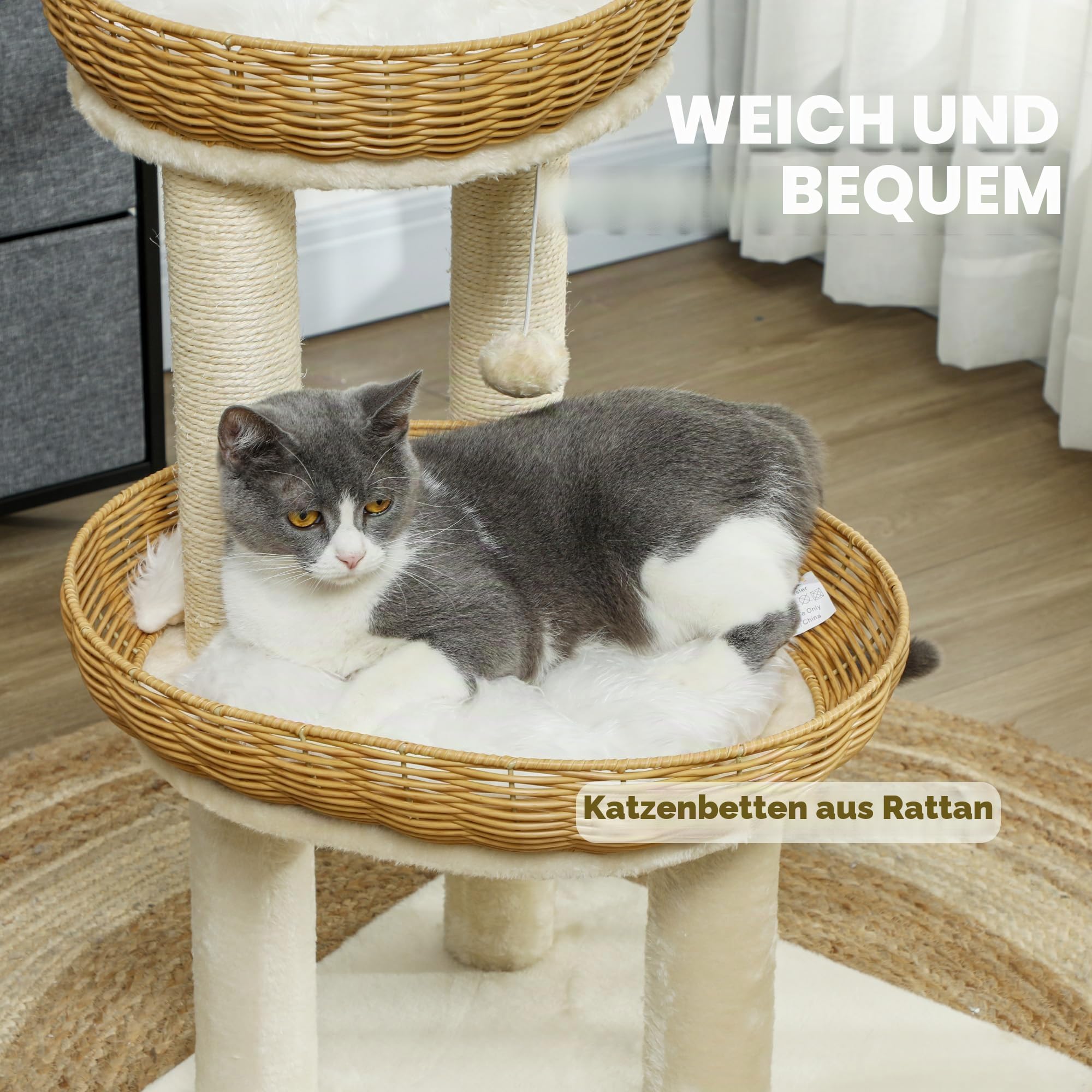 PawHut Kratzbaum, Kletterbaum, Höhe 75,5 cm, mit Zwei Katzenbetten aus Rattan, Kratzstangen, waschbaren Kissen, Spielzeugball, Beige