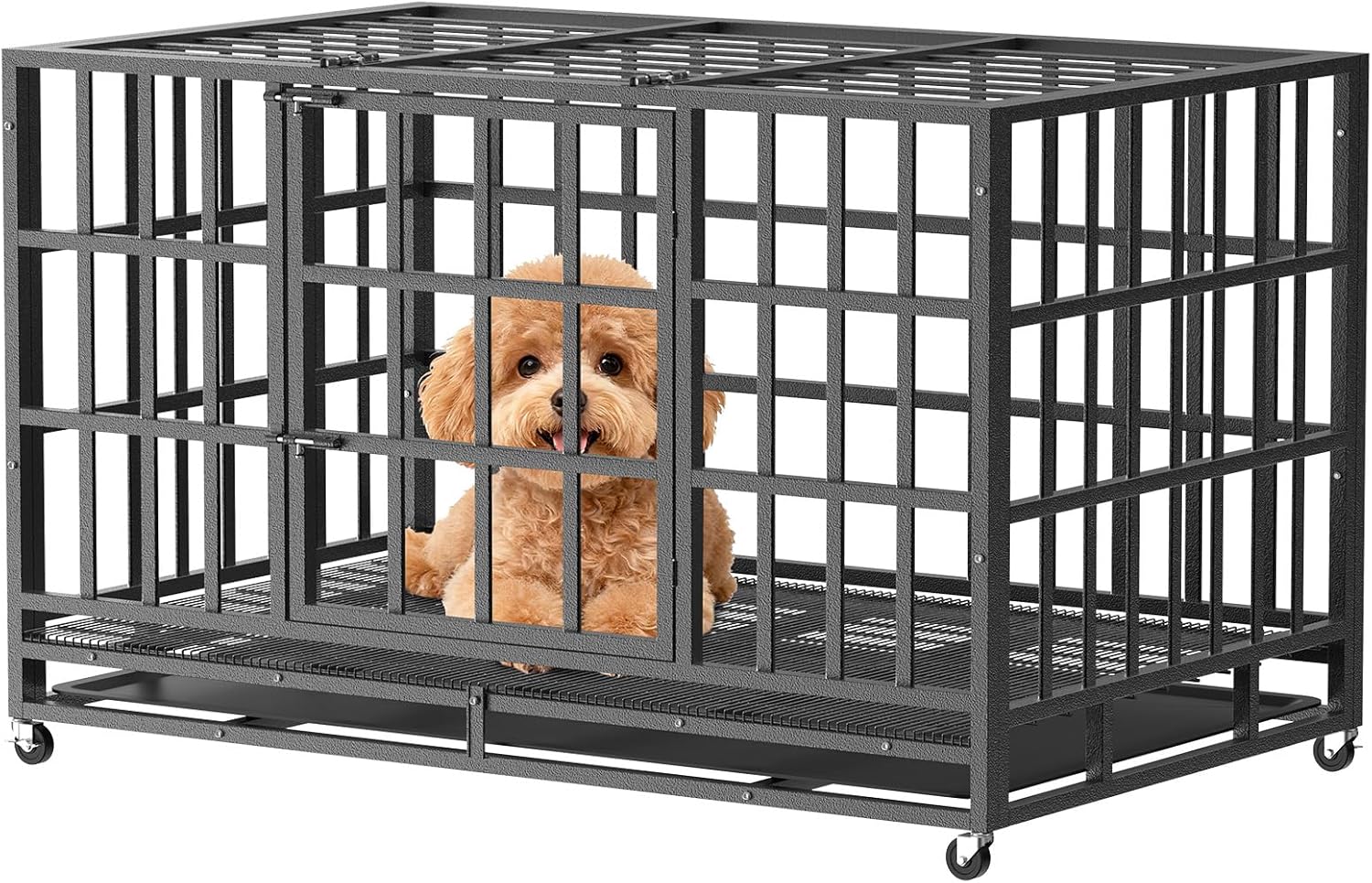 Heavy Duty Indestructible Dog Crate 38in with Removable Trays, Escape-Proof Double Door for High Anxiety Dog, Kennel with Lockable Wheels for Medium Large XL XXL Dogs