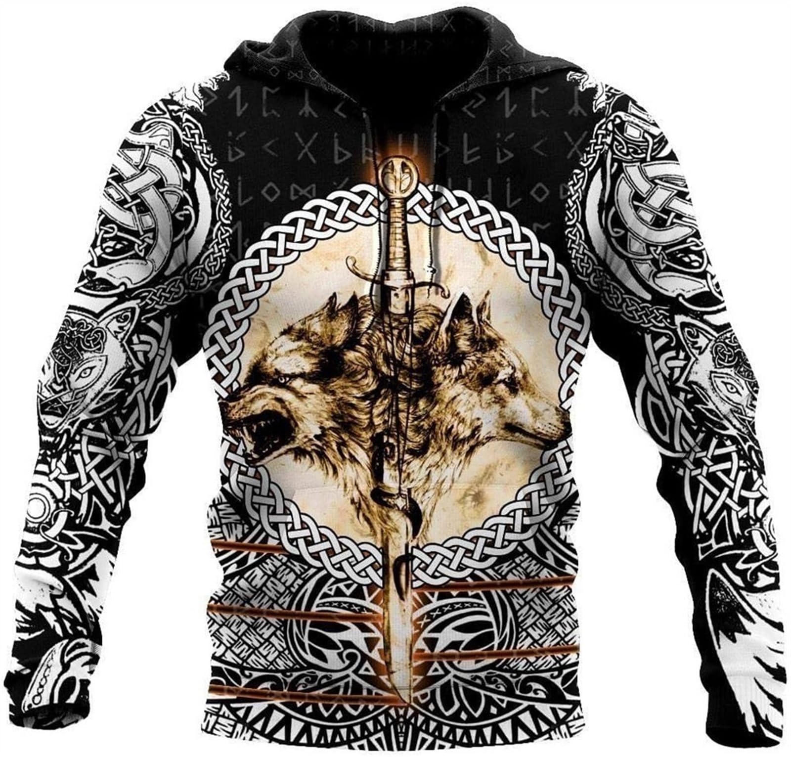 Keepmore Men's # 4 Viking Hoodies Wolf 3D Printed Long Sleeve Sweatshirt Norse Mythology Loose Casual Sweatshirt With Pocket