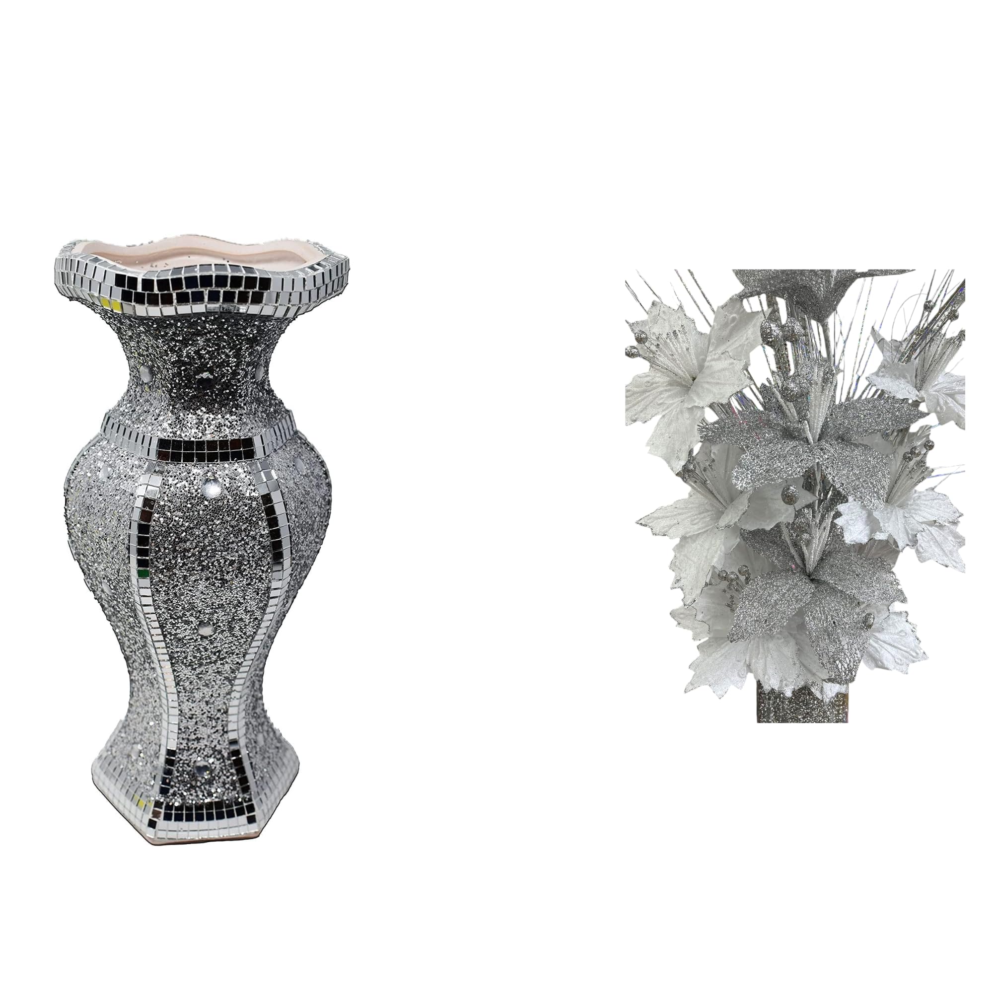 Silver Crystal Crushed Diamond Vase With Artificial Flowers (Ceramic + Silk, Silver + Silver)