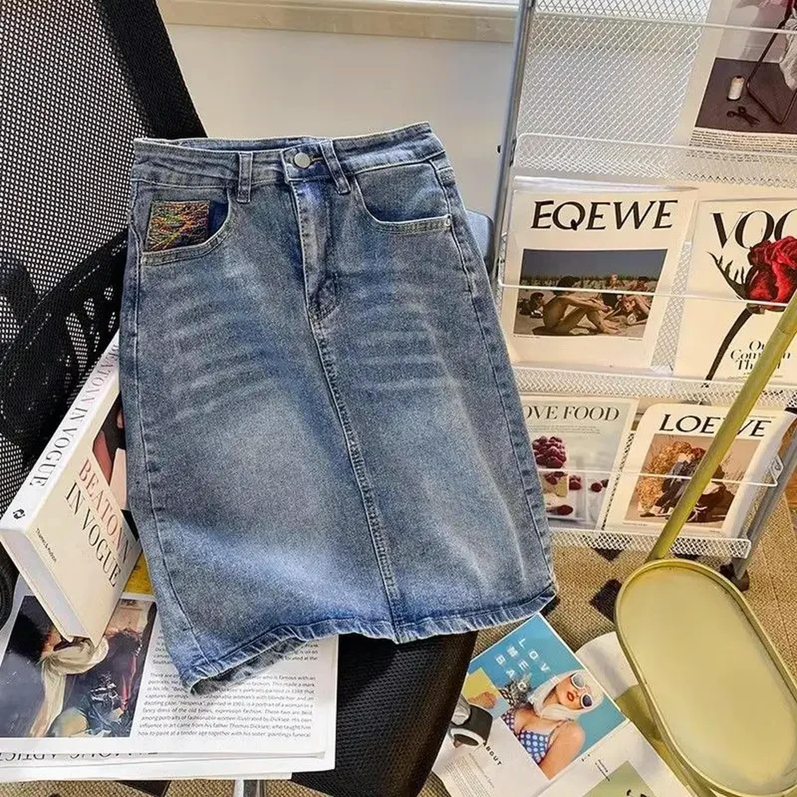 Gonna di Jeans Donna Denim Gonna Sexy Midi con Tasca Zipper Blu Abbigliamento Donna