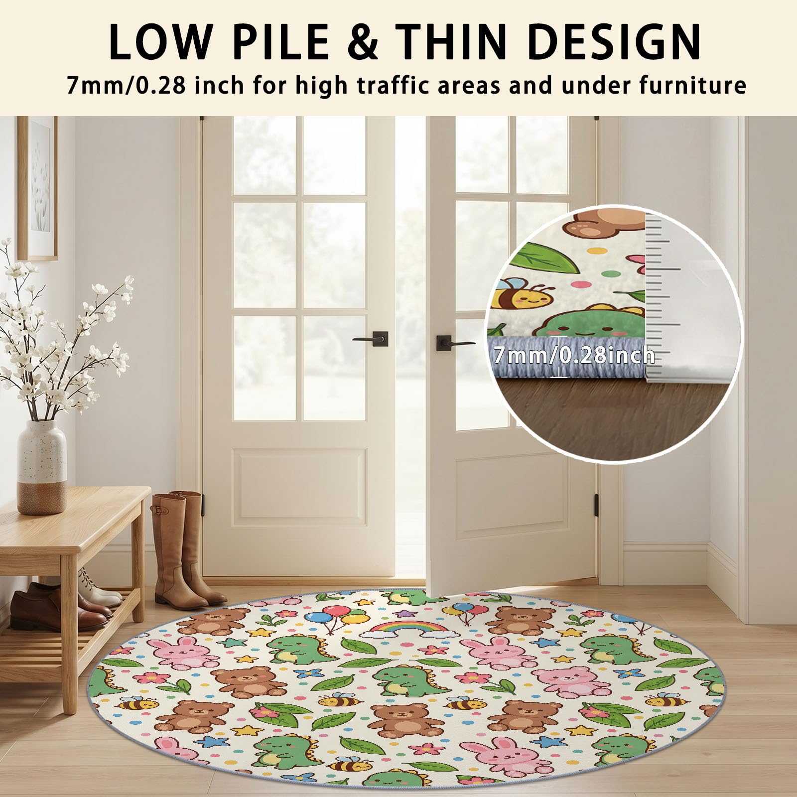 Tapis Rond Vert 160 cm, Cartoon Dinosaure Salon Doux Poil Ras Tapis