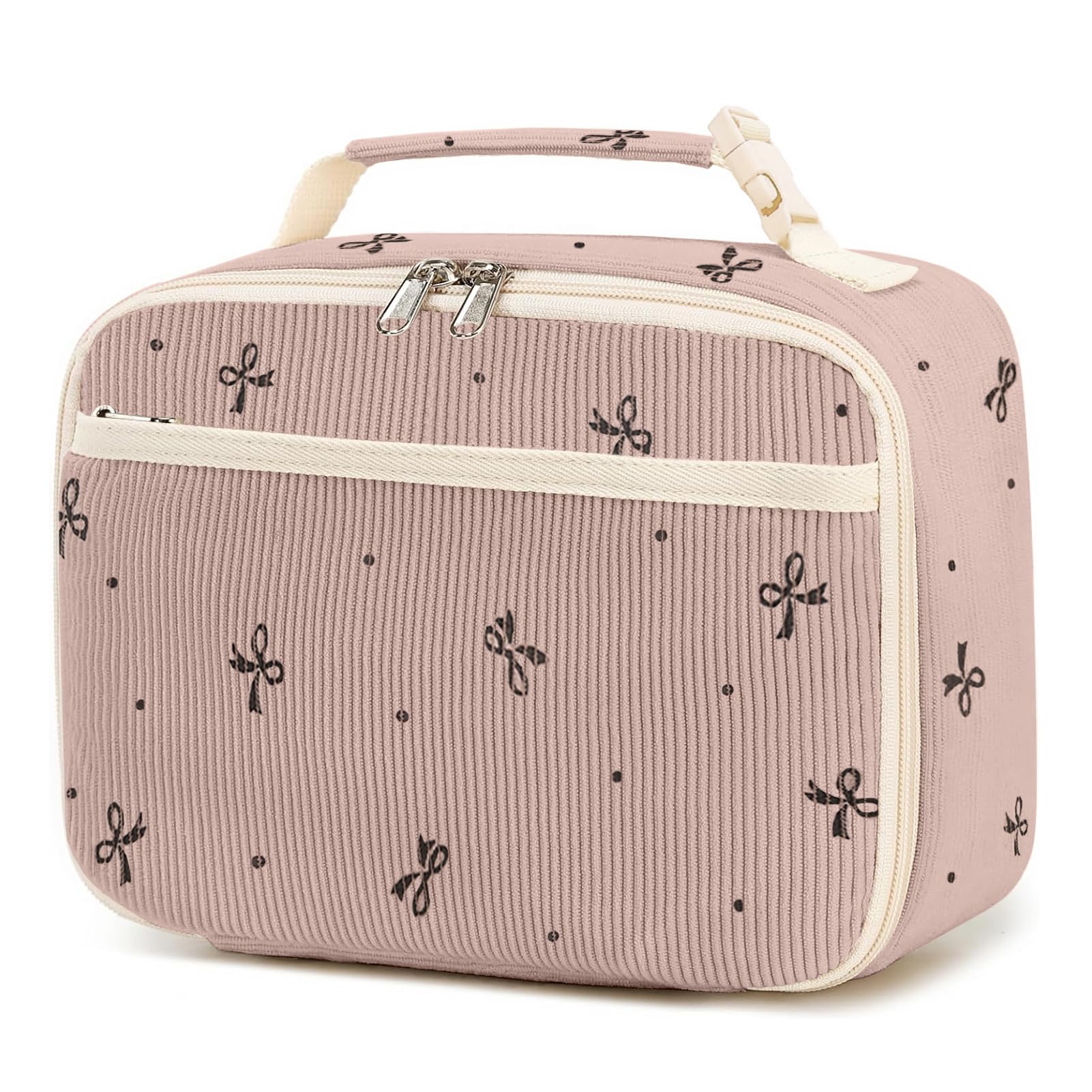 GODWOODS Cute Lunch Bag for Women & Men Corduroy Small Lunch Box with Cooler & Organizer Compartments Insulated Lunch Tote Bag for Travel Work (Pink Bow)