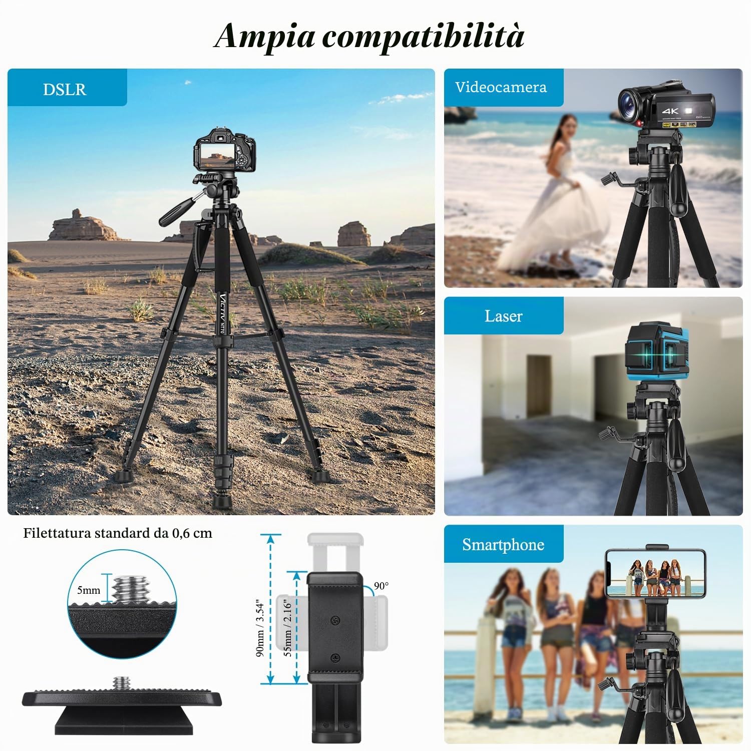 Victiv Treppiede Fotocamera e Smartphone 185 cm, Cavalletto Fotografico in Alluminio Leggero, con Testina a 3 Vie Rimovibile, Supporto Smartphone e Telecomando Bluetooth, per DSLR Sony Canon Nikon