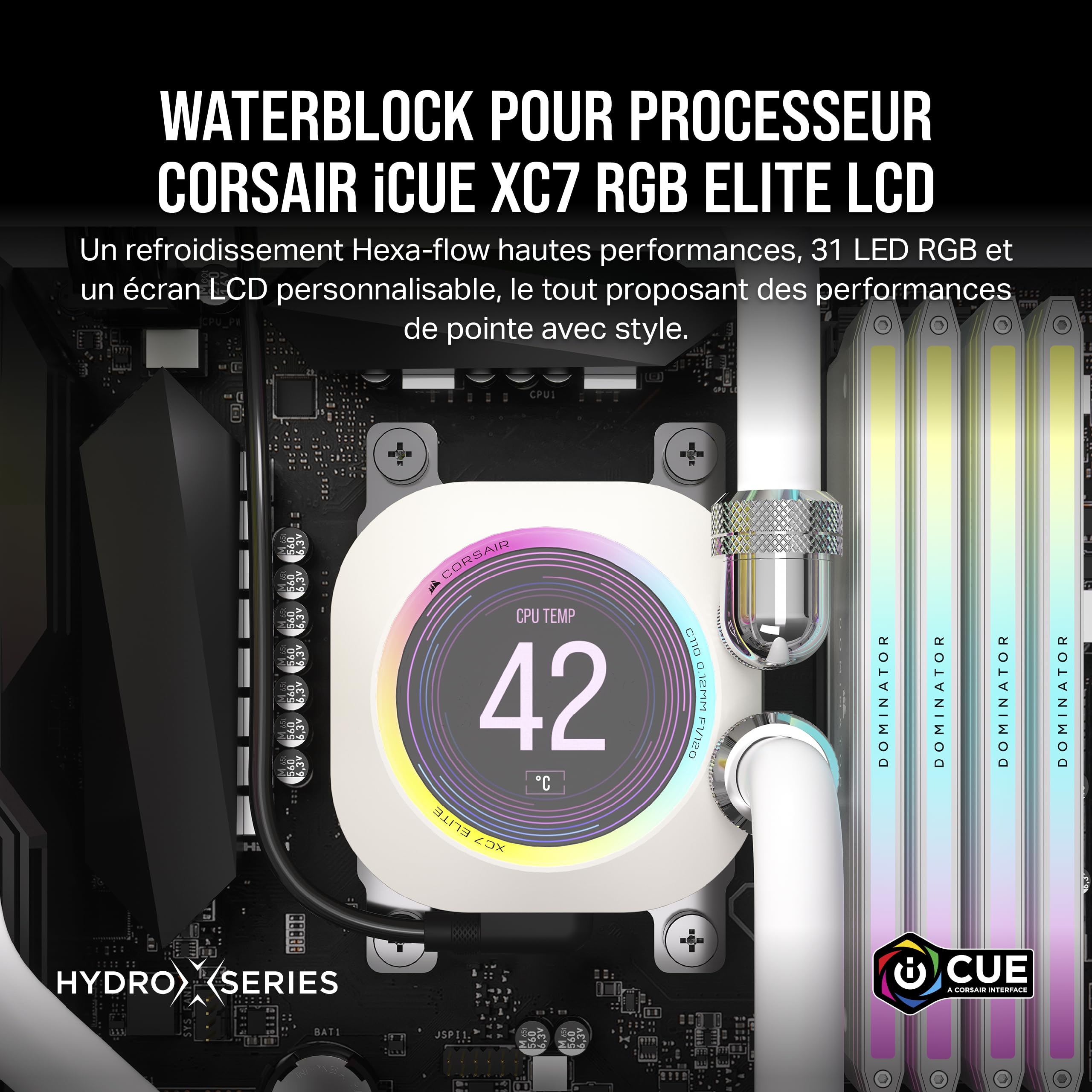 CORSAIR XC7 RGB ELITE LCD Waterblock pour Processeur - Écran LCD 480x480 - 31 LED RGB - USB-C - Compatible avec Intel LGA 1700, AMD AM5 et plus - Blanc