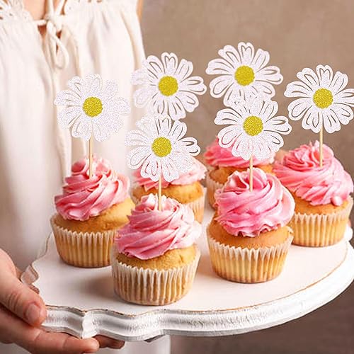 Miniatura 7 de Ercadio Paquete de 24 adornos de margaritas blancas para cupcakes, flores de margaritas blancas, decoraciones de pasteles para temática de