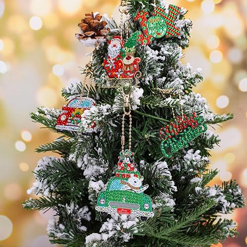 Miniatura 6 de AnyDesign Llavero de arte de diamantes de Navidad, hecho a mano, camión, Papá Noel, muñeco de nieve, pintura de gemas, colgante de mosaico de