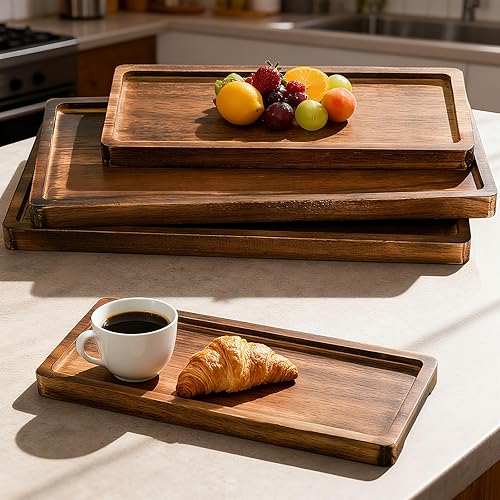 Miniatura 4 de SOUJOY Juego de 4 bandejas de madera para servir, plato de roble para alimentos, 12 pulgadas, 14.5 pulgadas, tablero rectangular para charcutería