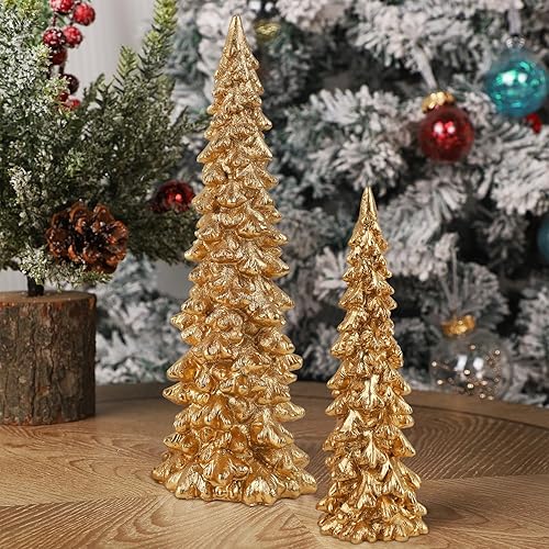 Miniatura 5 de Juegoal Juego de 2 decoraciones de mesa para árbol de Navidad, pinos de Navidad de resina dorada de 9.5 pulgadas, adornos de árboles de mesa
