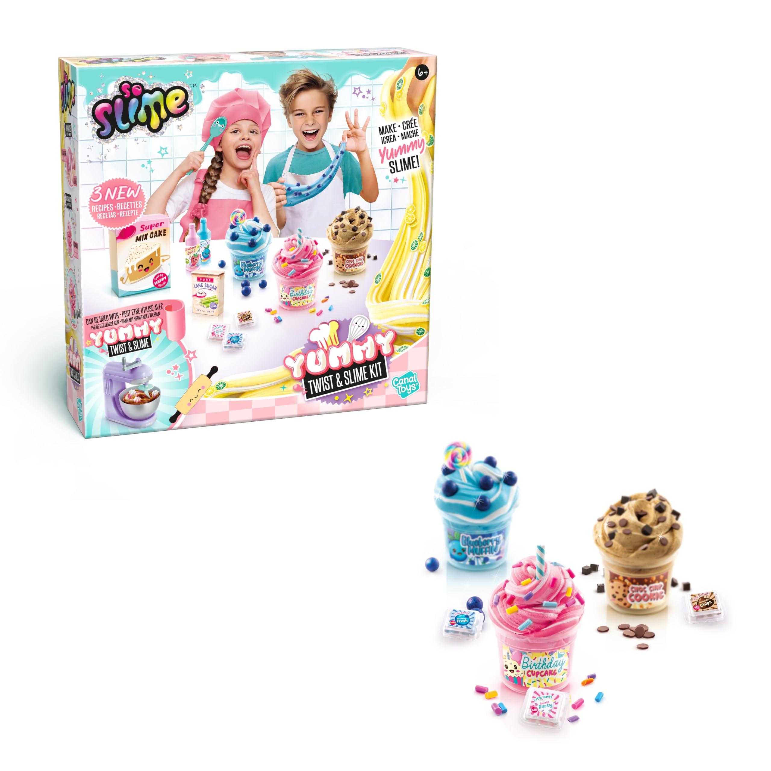So Slime Yummy Twist & Slime 3 Pack. 3 Scrumptious Recipes to Create. Mix and swirl the yummy slime in three sweet themes: Birthday Cupcake, Strawberry Cake, and Blueberry Muffin!