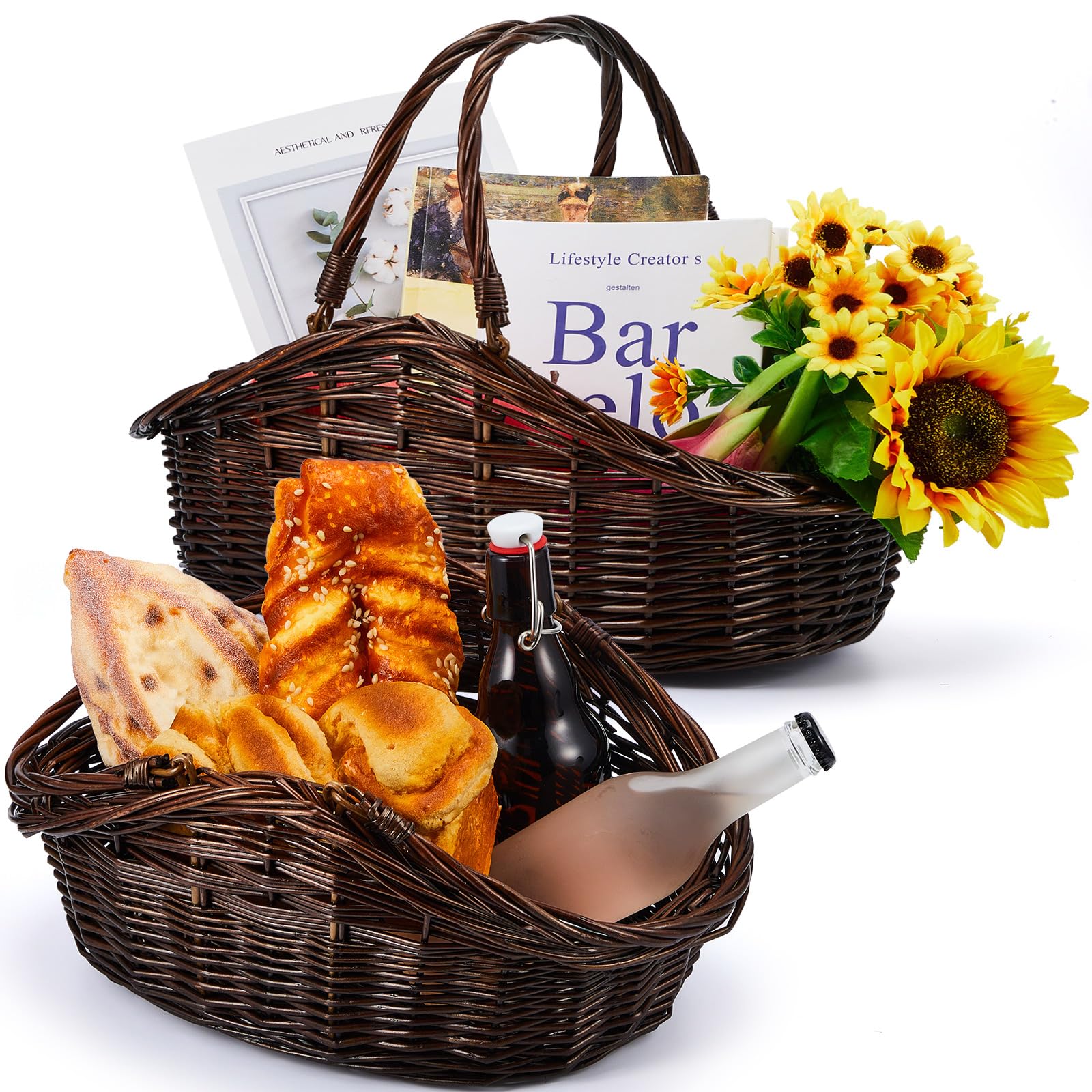 Juexica Weidenkorb mit Griff, 2 Größen, handgewebt, Erntekorb, antiker Sammelkorb für Ostern, Garten, Picknick, Blumen, Obst, Aufbewahrung, Organisation, Geschenk, Dunkelbraun, 2 Stück