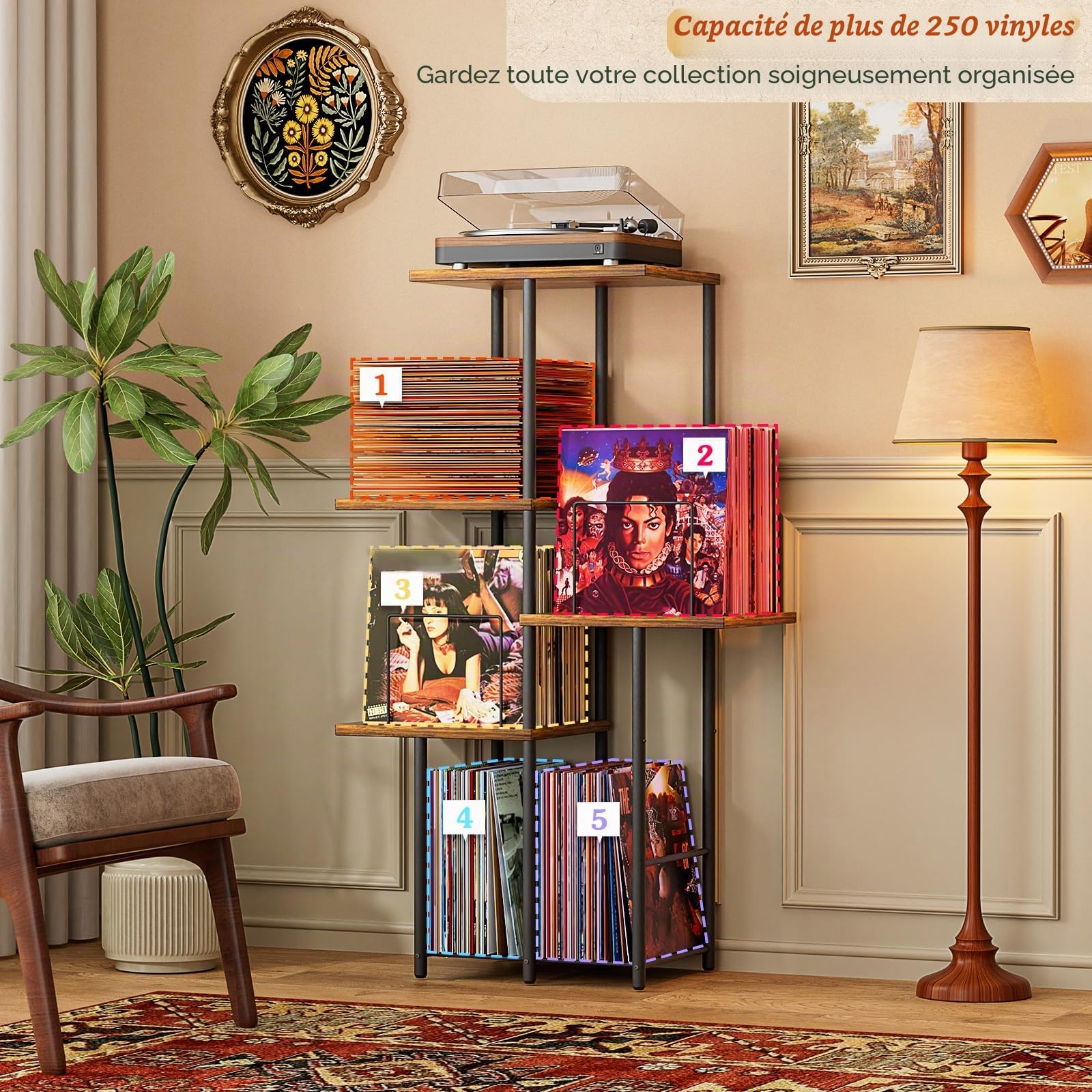 Bikoney Meuble pour Platine Vinyle avec Rangement, Étagère d’Affichage pour Disques, Support Table pour Platine avec Organisateur de Vinyles, Meuble Vintage en Bois Style Mid-Century, Console Haute