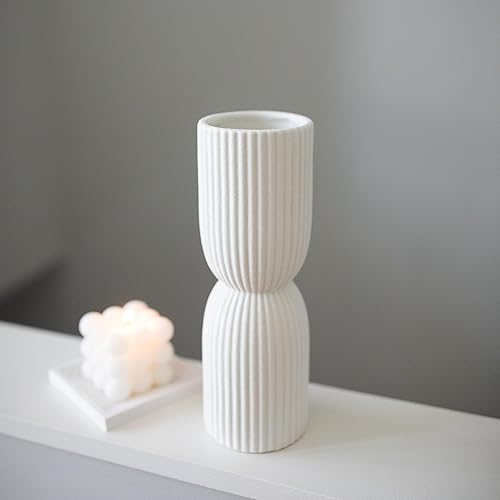 Miniatura 7 de Jarrón acanalado moderno, blanco, 9.25 pulgadas de alto, 3 pulgadas de ancho, cerámica, perfecto para mostrar flores y vegetación