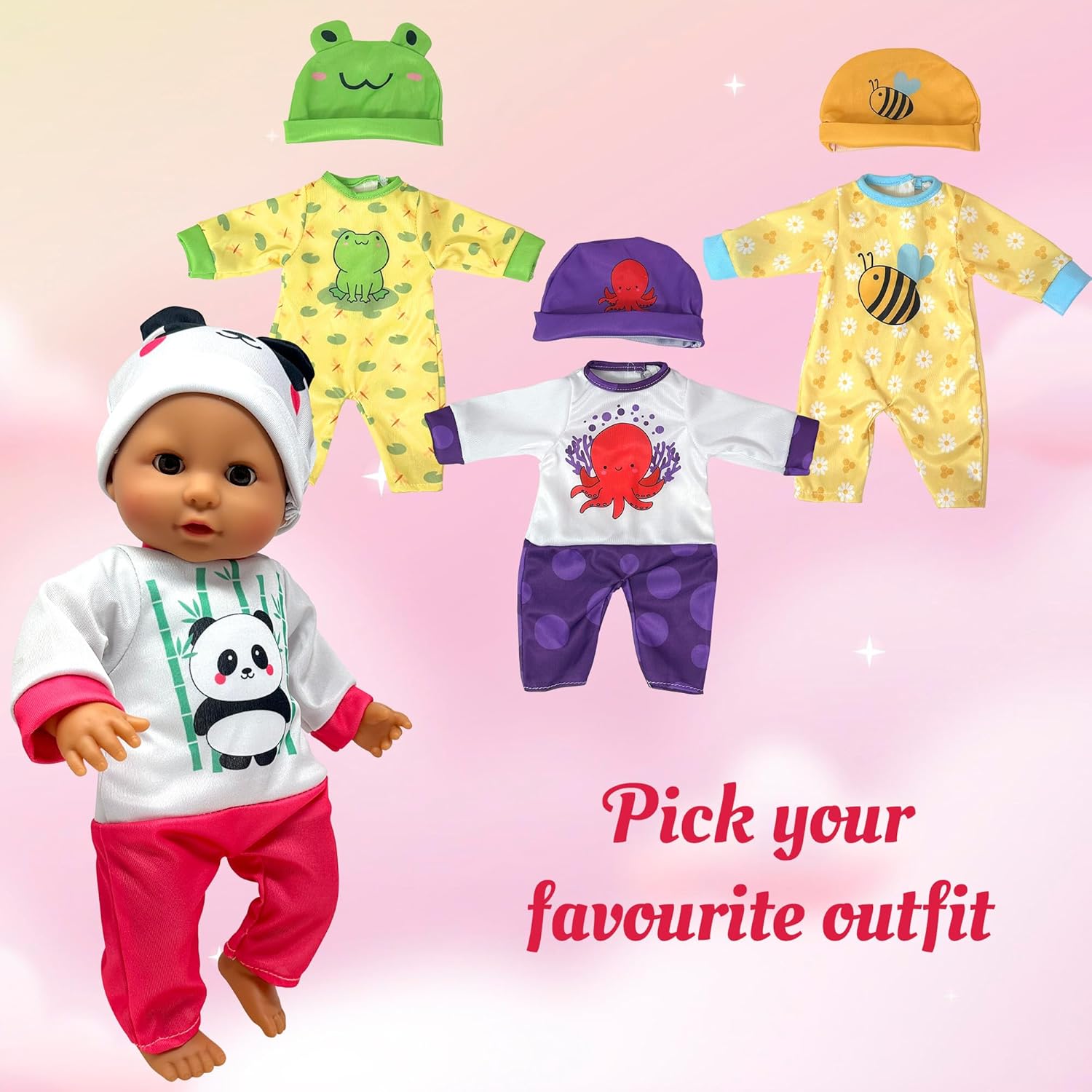 Soft Body Baby Doll with Accessories & 4 Sets of Animal Outfits, Realistic Baby Doll with Clothes & Toys, 14 Inch Baby Doll Play Set Wardrobe Closet, Baby Dolls for Girls, Gift for 3 4 5 Year Old