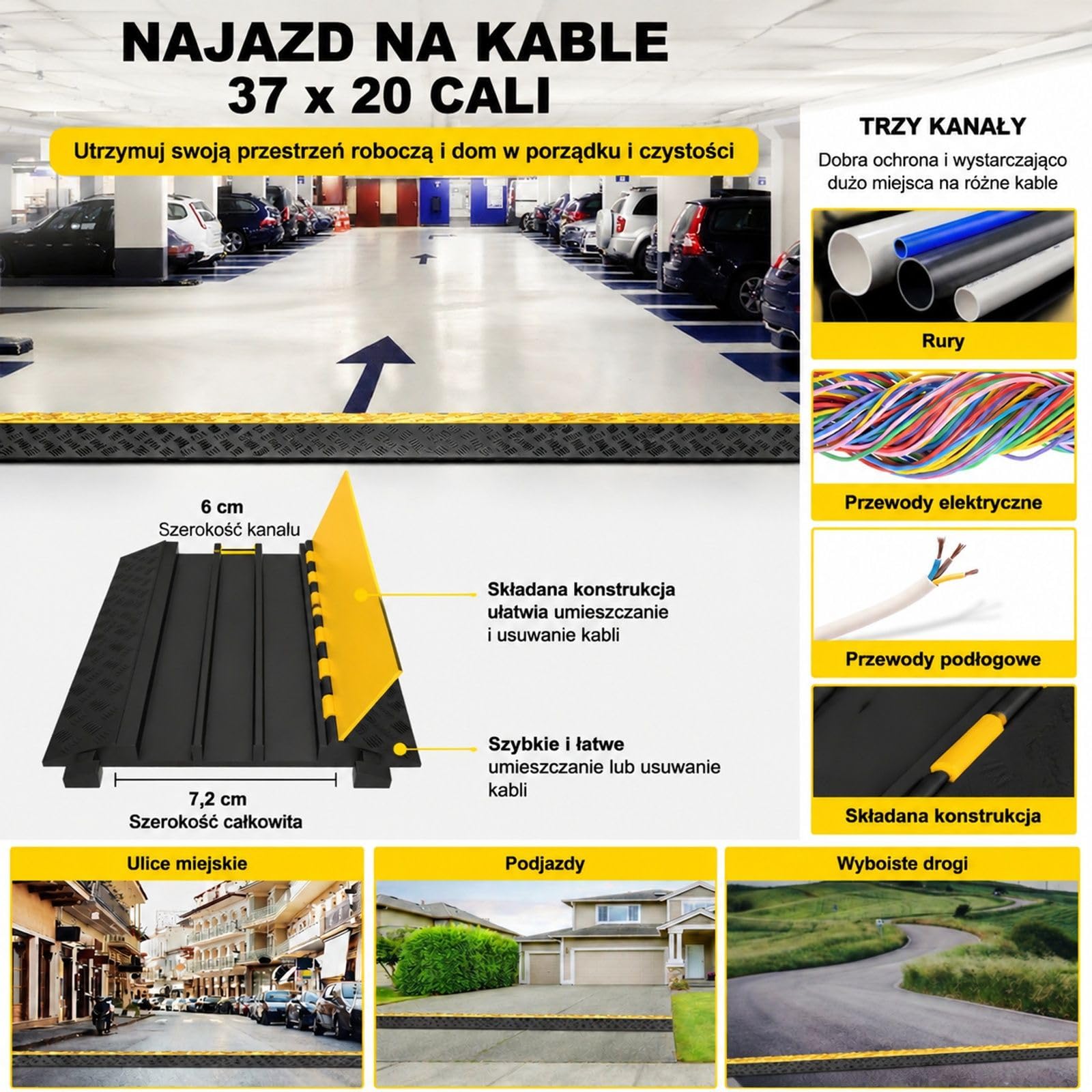 3-kanałowy najazd kablowy do garażu, podjazdu i magazynu, mostek podłogowy z uchylną pokrywą