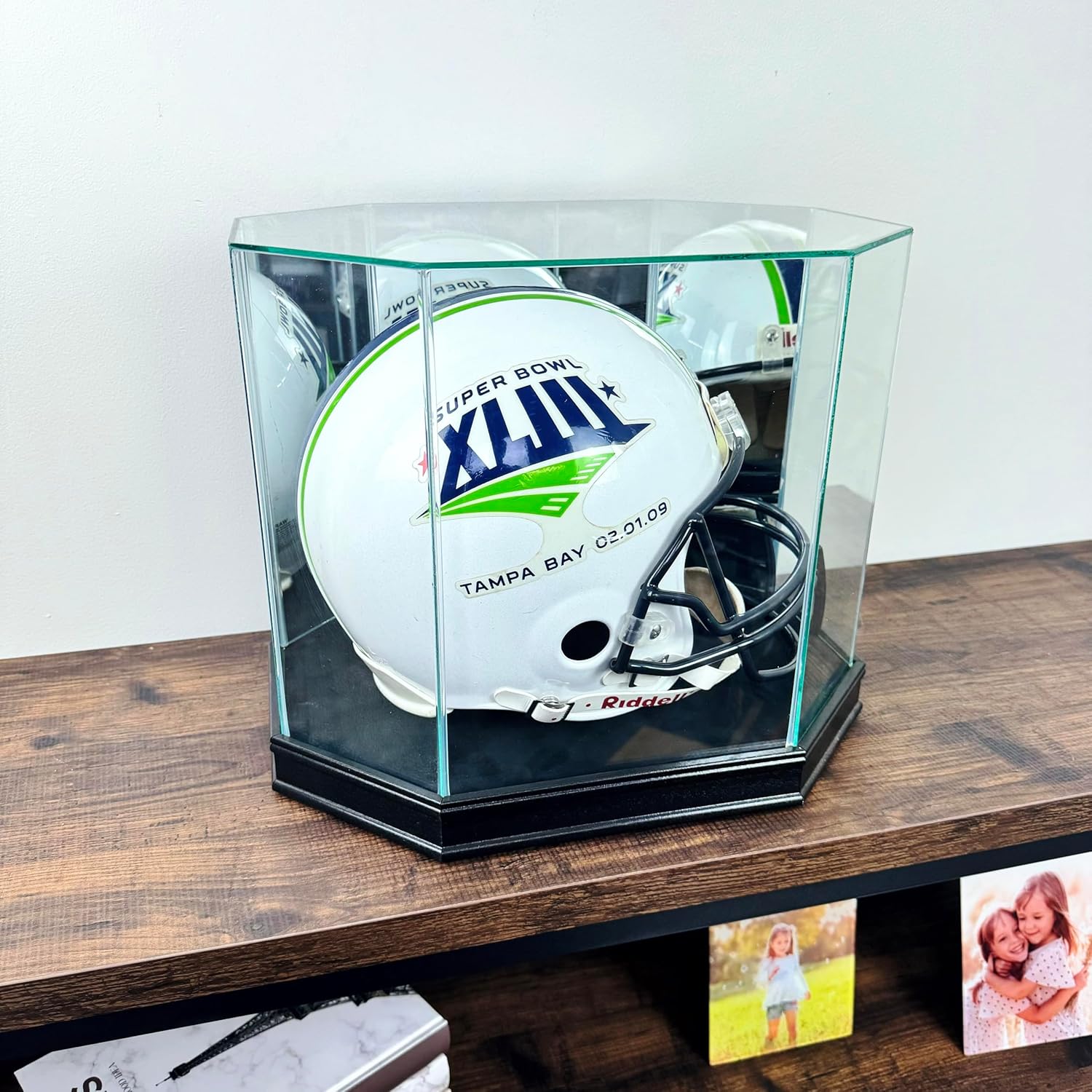 Real Glass Octagon Football Helmet Display Case with 1 1/2" Sport Moulding | Choose Your Moulding and Glass Protection | Full Size Helmet Case